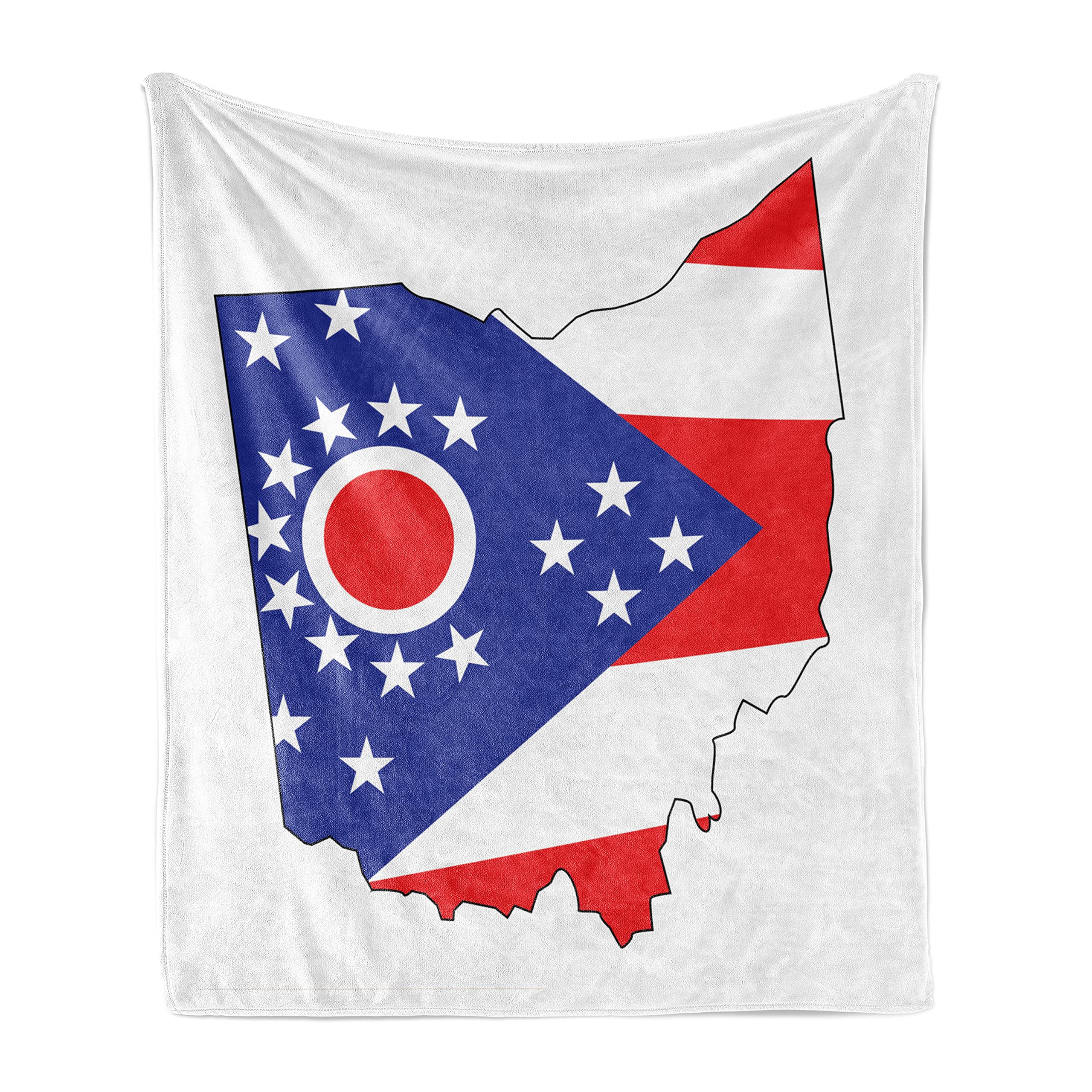 Lunarable Ohio Soft Flannel Fleece Throw Blanket - Buckeye State Outline Map with 17-Star Flag Design, Cozy Plush for Couch, Bed & Outdoor Use, 70x90 Inches, Red & Blue - Perfect for Camping, Picnics & Home Decor