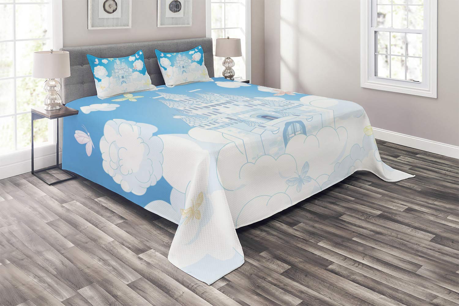 Ambesonne King Size 3-Piece Quilted Bedspread Set - Castle, Clouds & Butterflies Print, White & Sky Blue - Includes 2 Pillow Shams | Elegant Bedroom Decor for Guest Rooms & Master Suites