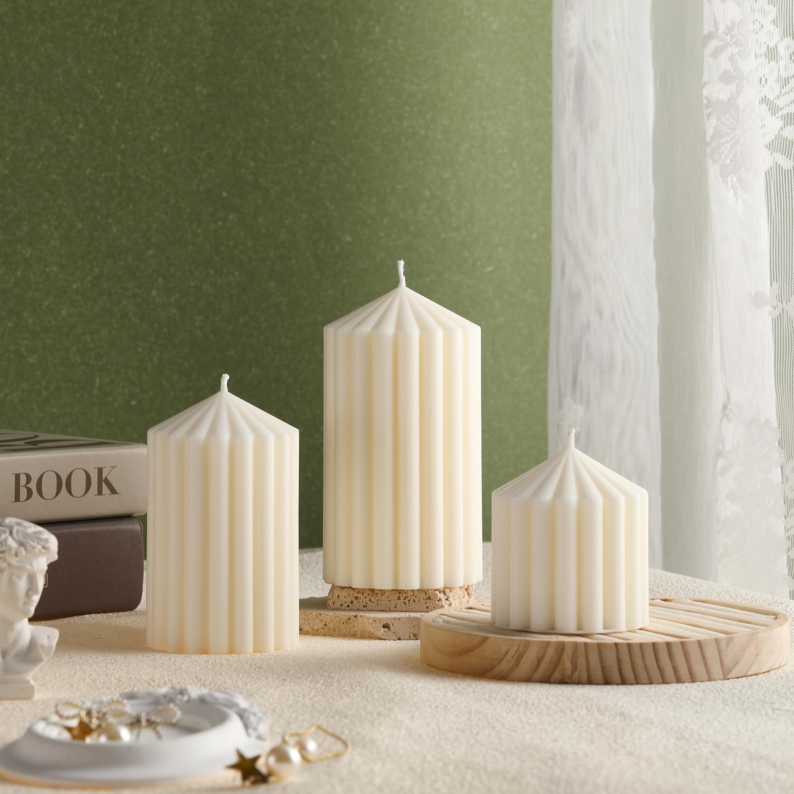 Soy Wax Ribbed Pillar Candles Set of 3 - Home Decor & Gifts