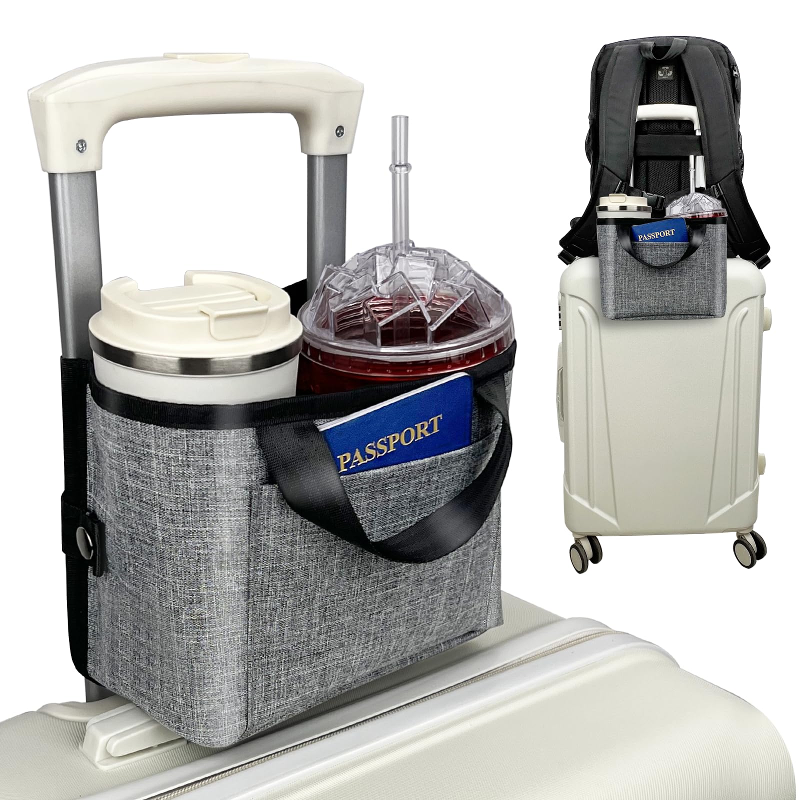 Premium Suitcase Cup Holder - Hands-Free Travel Drink Carrier for Luggage, Universal Handle Attachment, Durable Gray Travel Accessories - Perfect for Airports, Commuting & Vacations