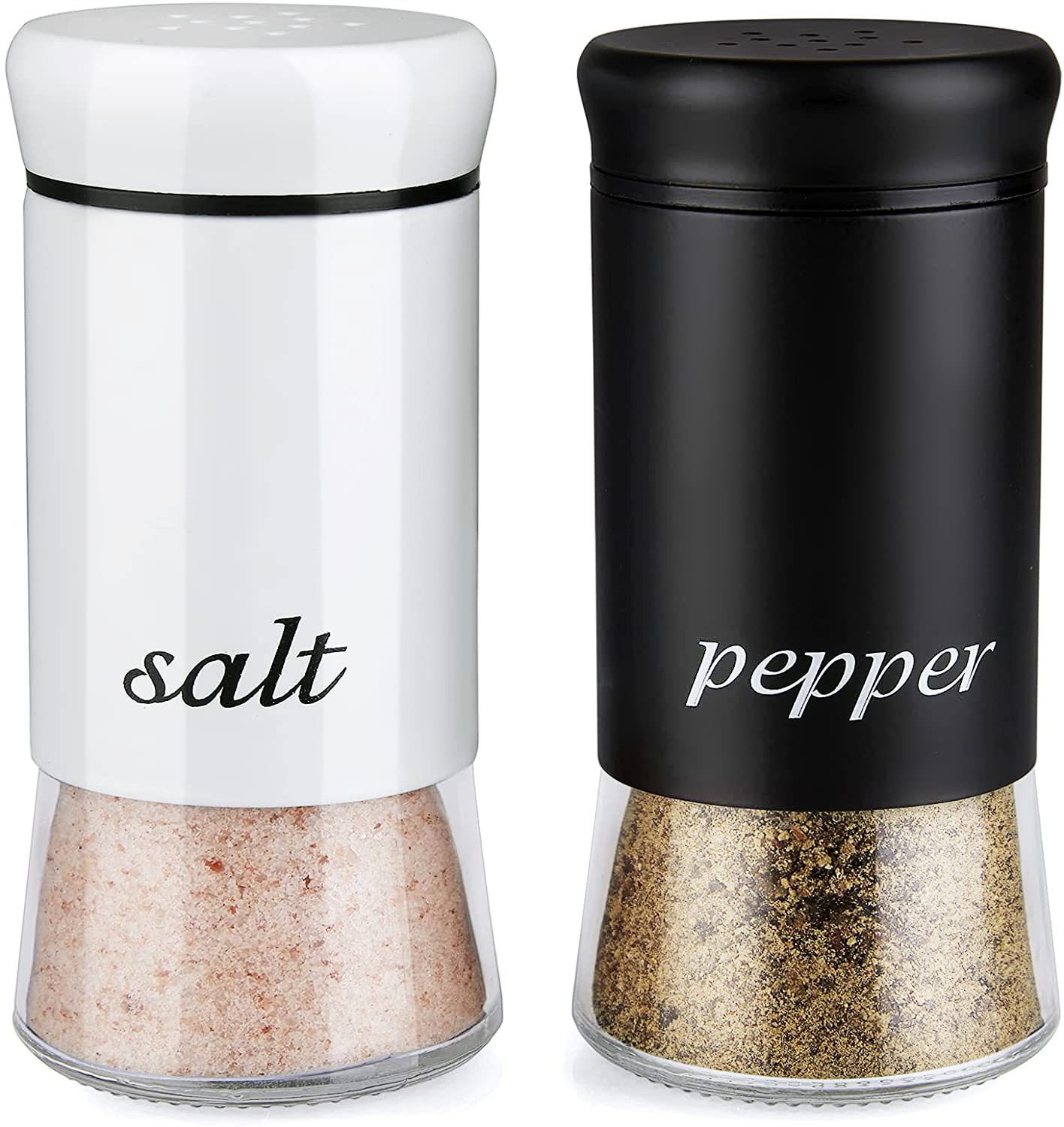 Premium Salt and Pepper Shakers Set - 5 oz Glass Bottom Spice Dispenser for Kitchen, Dining Table, RV & BBQ - Elegant Black & White Kitchen Decor & Cooking Accessories (Ideal for Home, Restaurant & Outdoor Use)