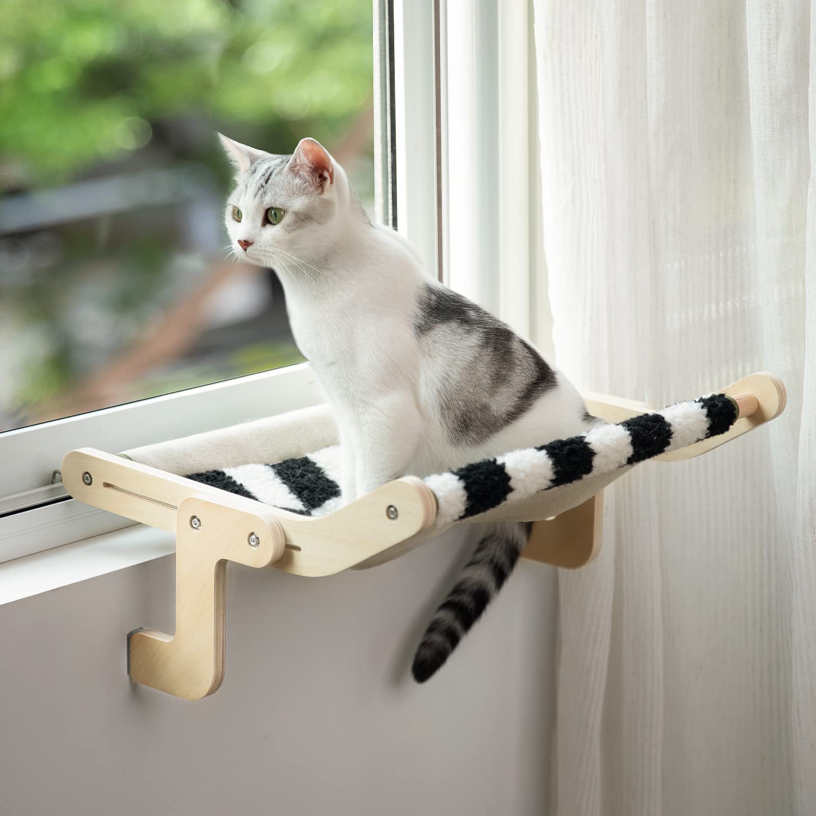 MEWOOFUN Sturdy Cat Window Perch - No Suction No Drilling Cat Hammock with Reversible Mat, Holds Up to 40lbs - Black/White Window Cat Bed for Relaxing, Sunbathing & Bird Watching