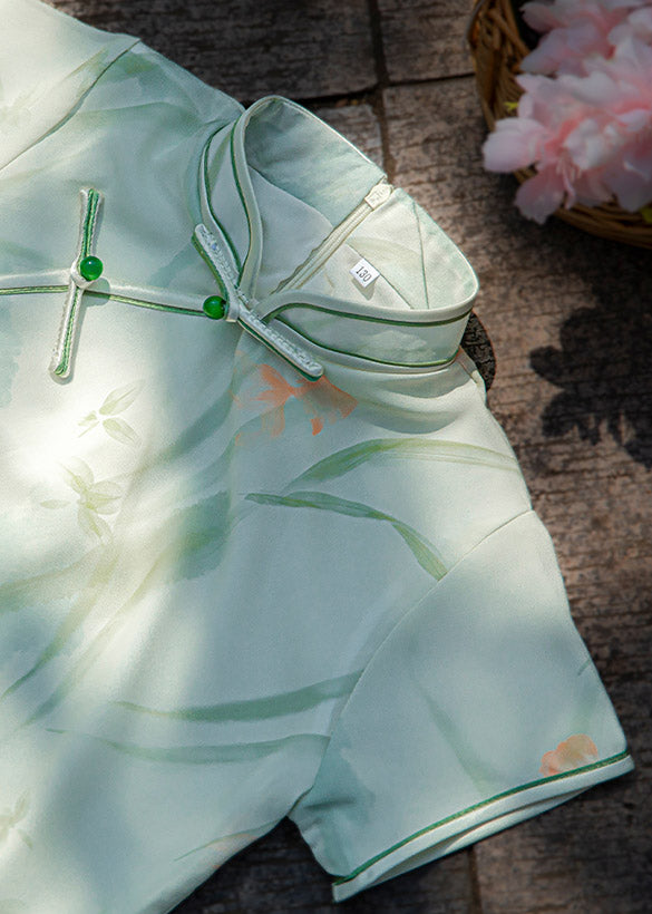 Elegant Green Floral Chiffon Qipao Cheongsam Dress for Girls - Traditional Chinese Dress for Kids Birthday Party, Tea Ceremony & Cultural Events