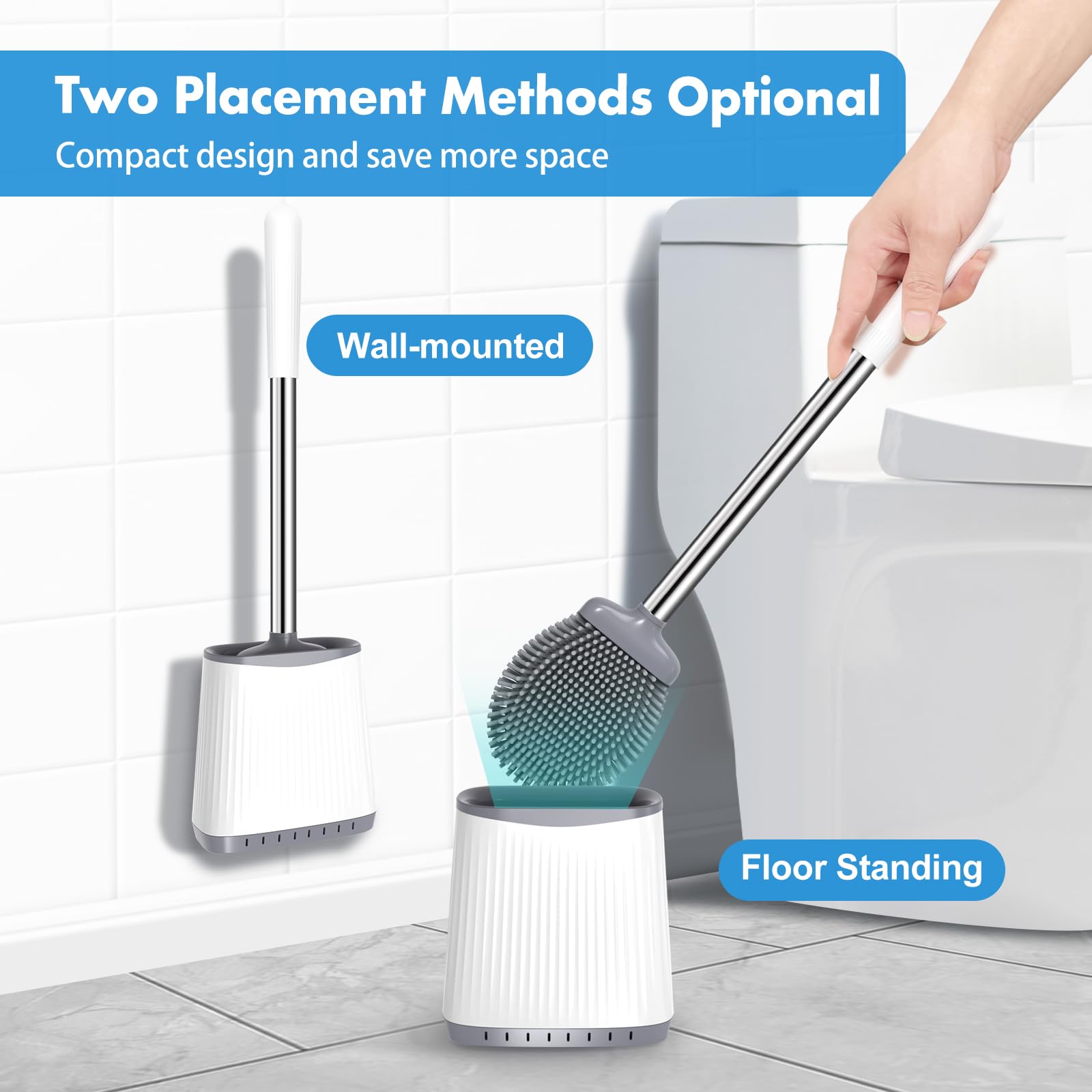 2 Pack TRENTI Silicone Toilet Brush Set with Holder - Flexible Toilet Bowl Brush & Ventilated Wall Mount Holder for Bathroom Deep Cleaning - Compact White Toilet Brush (TRTI-081) - Perfect for Small Bathrooms, RVs & Tight Spaces