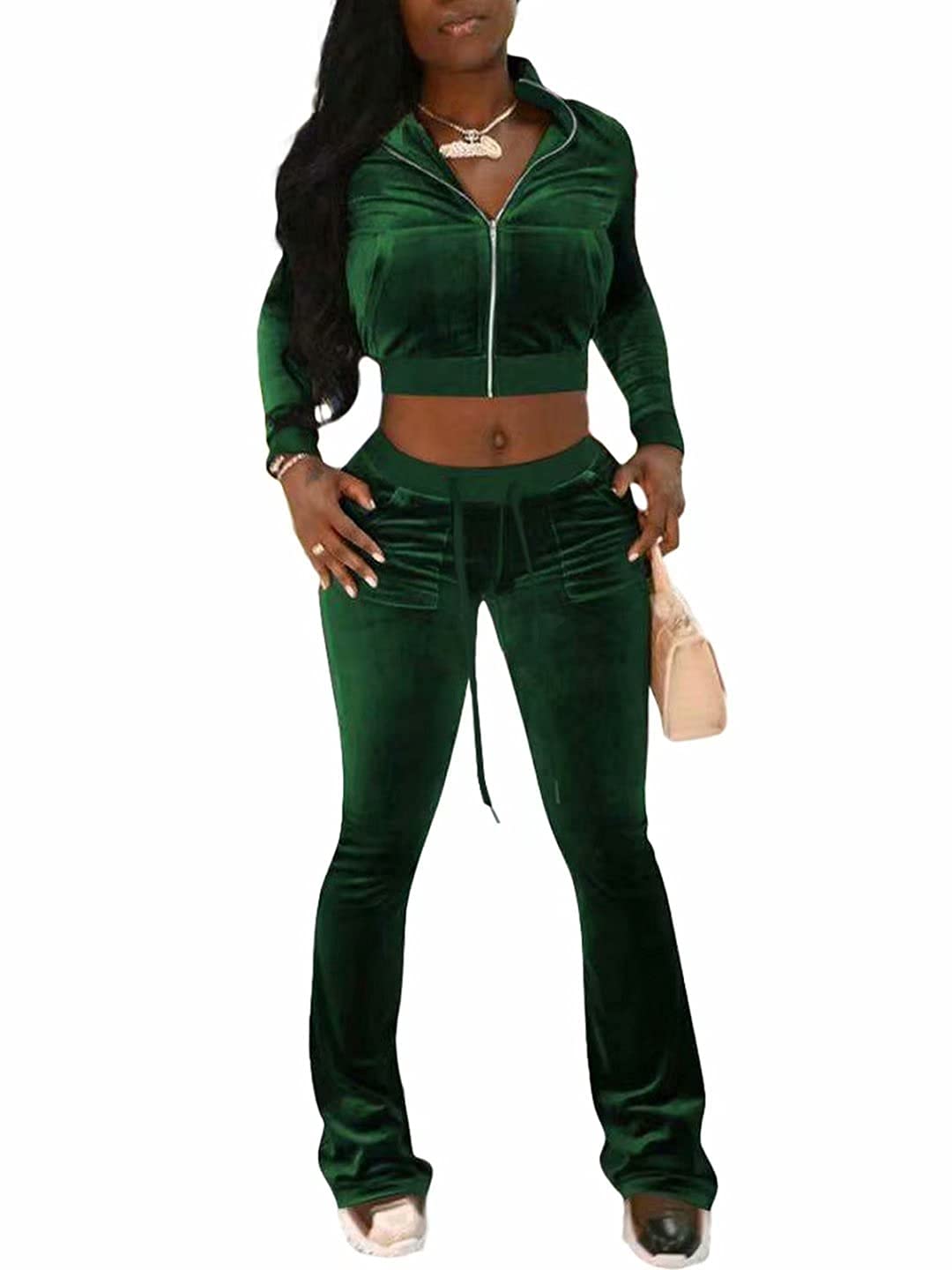 KOOBETON Women's 2-Piece Velour Tracksuit Set - Crop Jacket & Flare Pants | Lounge Wear, Gym Outfits & Casual Street Style