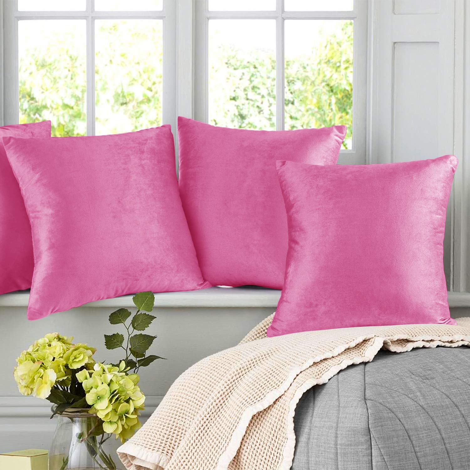 Nestl Throw Euro Pillow Covers 26x26 Inches - Soft Velvet Decorative Couch Pillow Cases Set of 4 (Light Pink) for Sofa, Bedroom & Car - Cozy Home Decor & Gift Idea