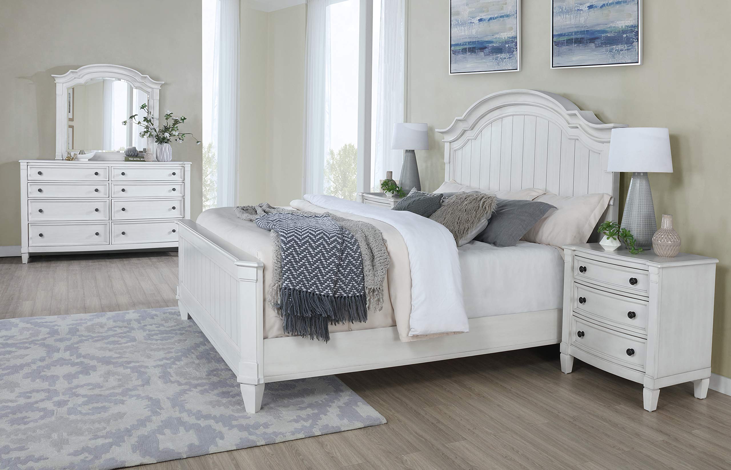 Roundhill Furniture Saline Wood Camelback Planked King Bed Set with Dresser, Mirror & Nightstand in White - Perfect for Master Bedroom, Guest Room & Modern Farmhouse Decor