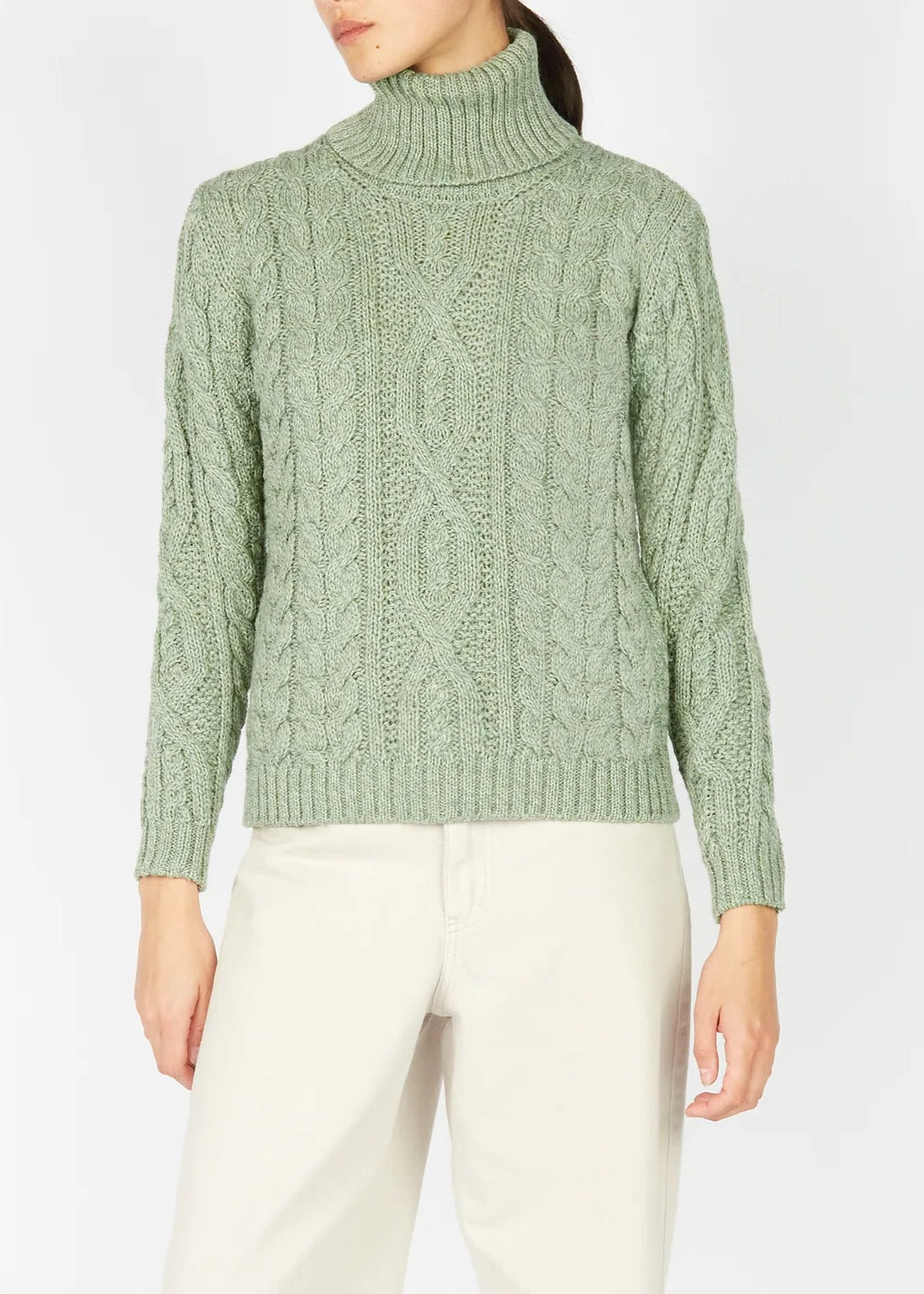 Ireland's Eye Polo Neck Aran Sweater for Women - Soft Wool Cable Knit Pullover in Sage Marl | Warm Winter Fashion, Casual Outfit & Holiday Gift