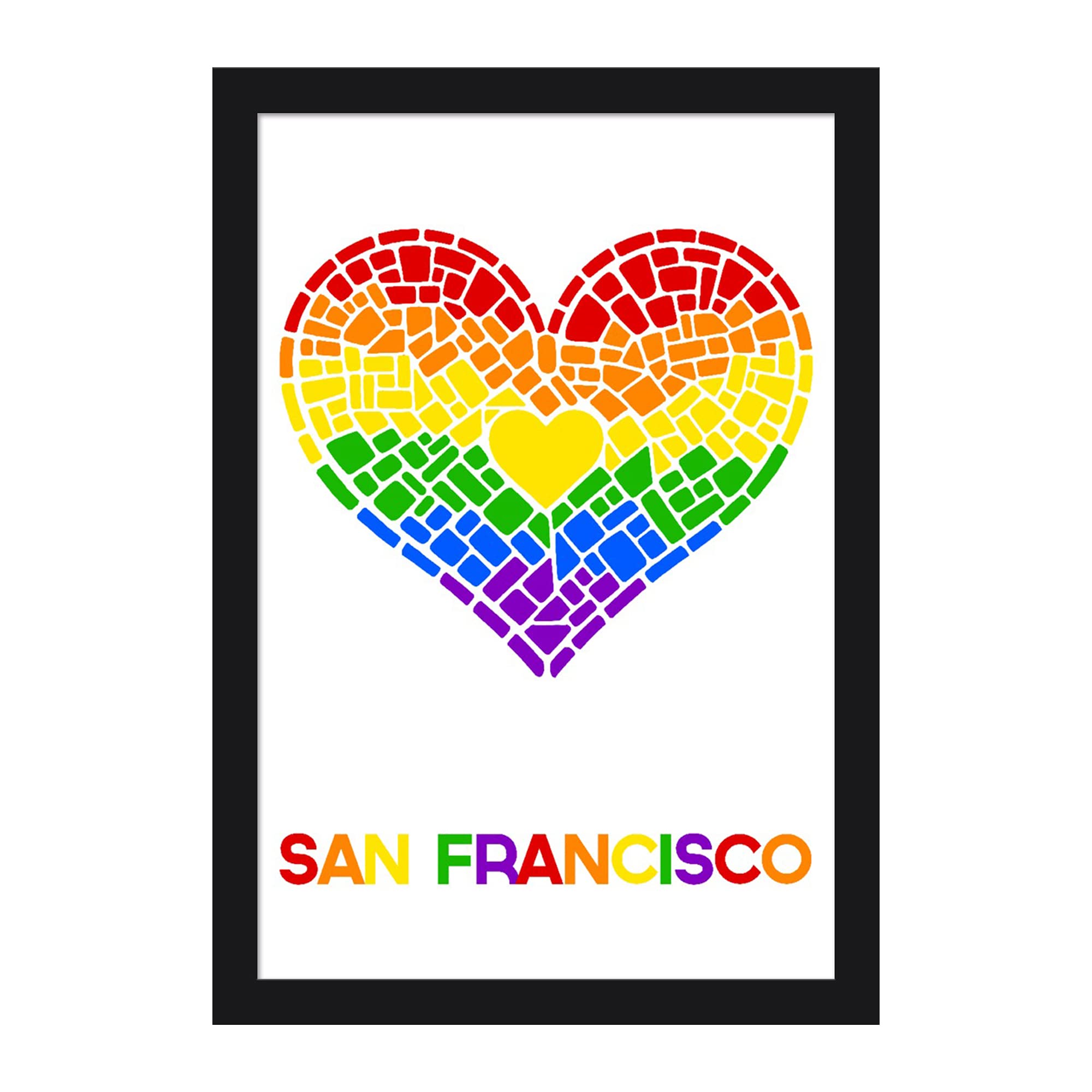 San Francisco California Gay Pride Mosaic Heart Art Print - 16x24 Giclee Fine Art with Recycled Wood Frame - LGBTQ+ Wall Decor for Home, Office & Pride Events