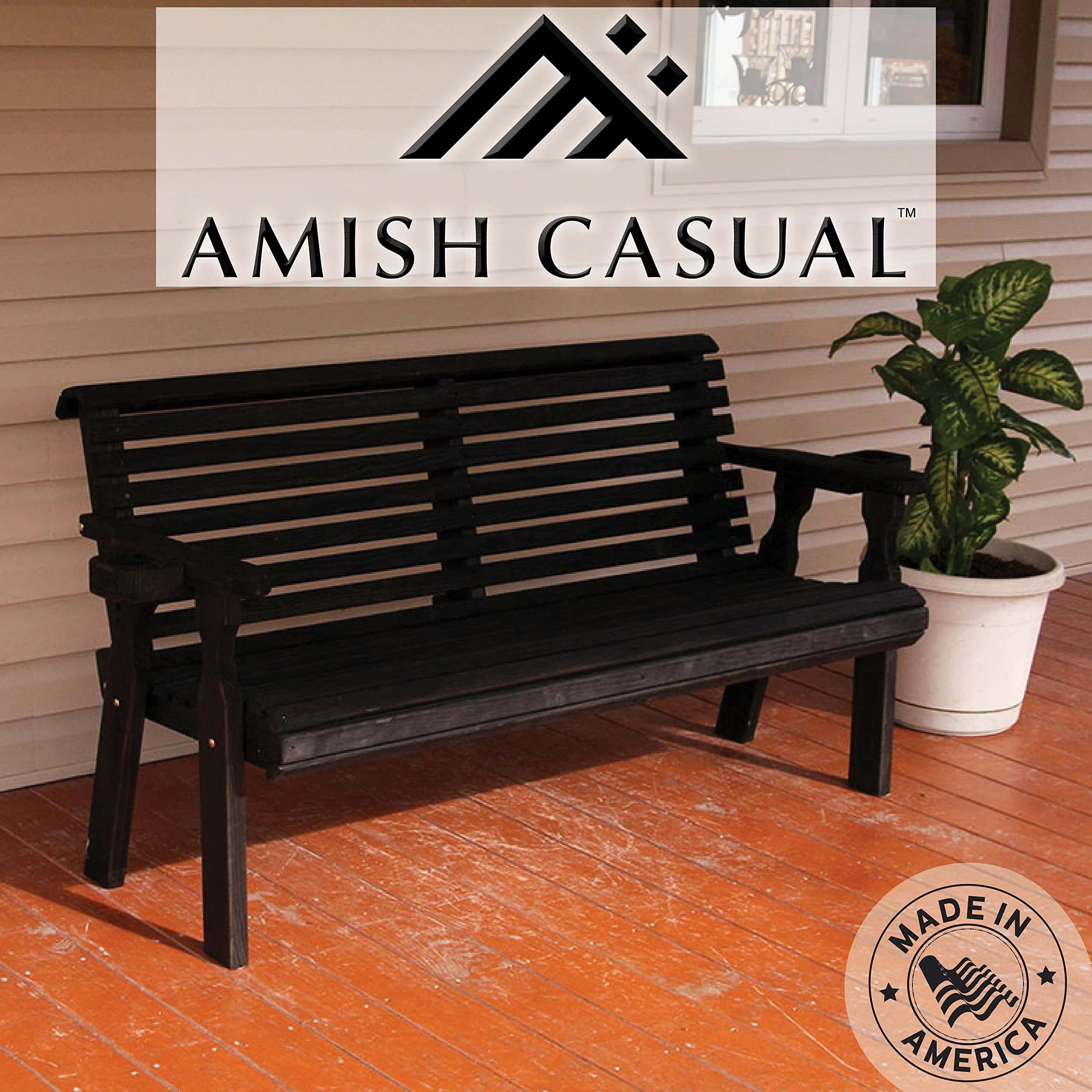 Amish Heavy Duty 5FT Outdoor Garden Bench with Cup Holders - Pressure Treated Black Stain Roll Back Design, 700LB Weight Capacity - Perfect for Patio, Deck, Backyard & Garden Seating