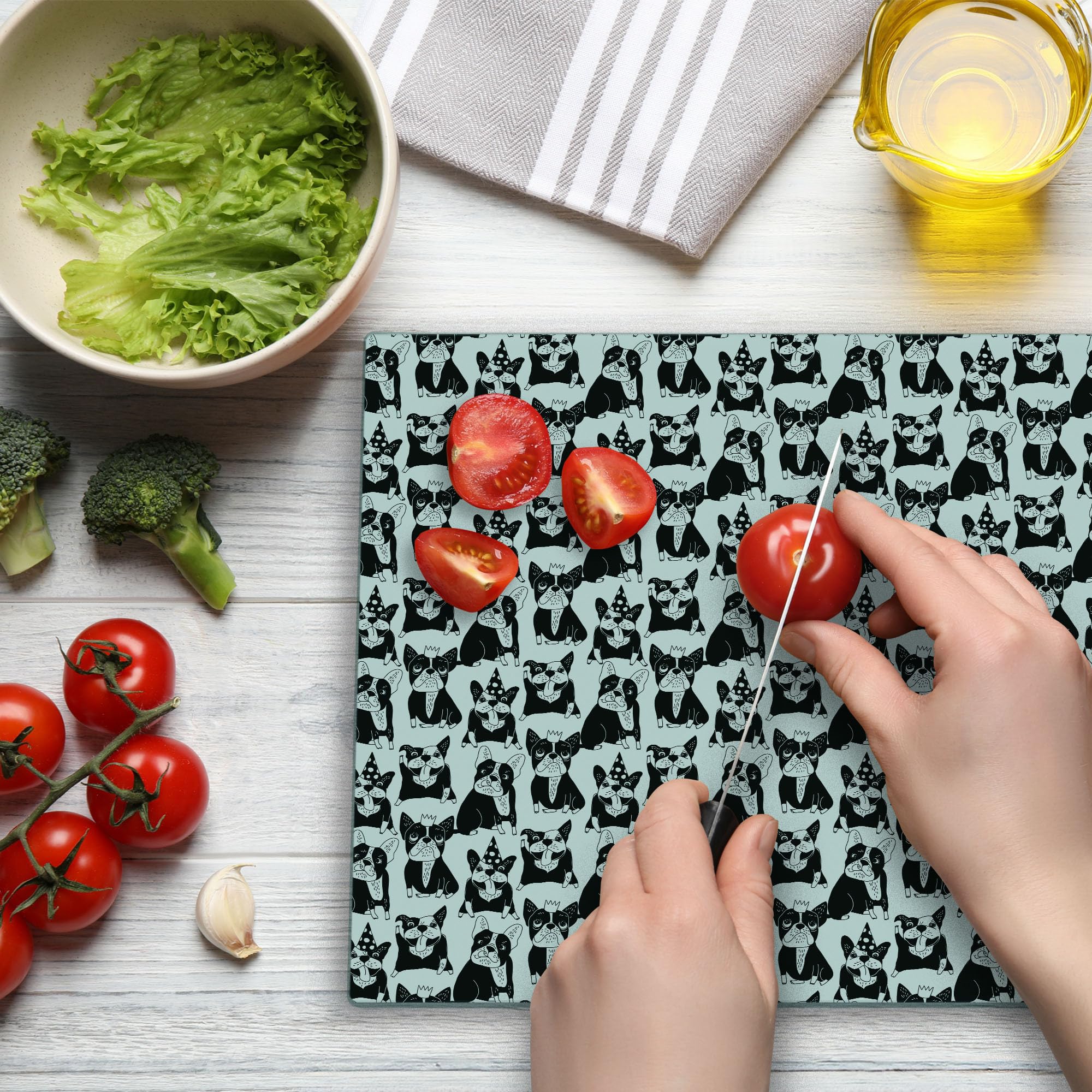 Ambesonne Bulldog Themed Tempered Glass Cutting Board - Doodle Style Fun Pattern with Playful Pets in Party Hats - Large Black & White Decorative Serving Board for Kitchen, Party Platters & Gift Giving