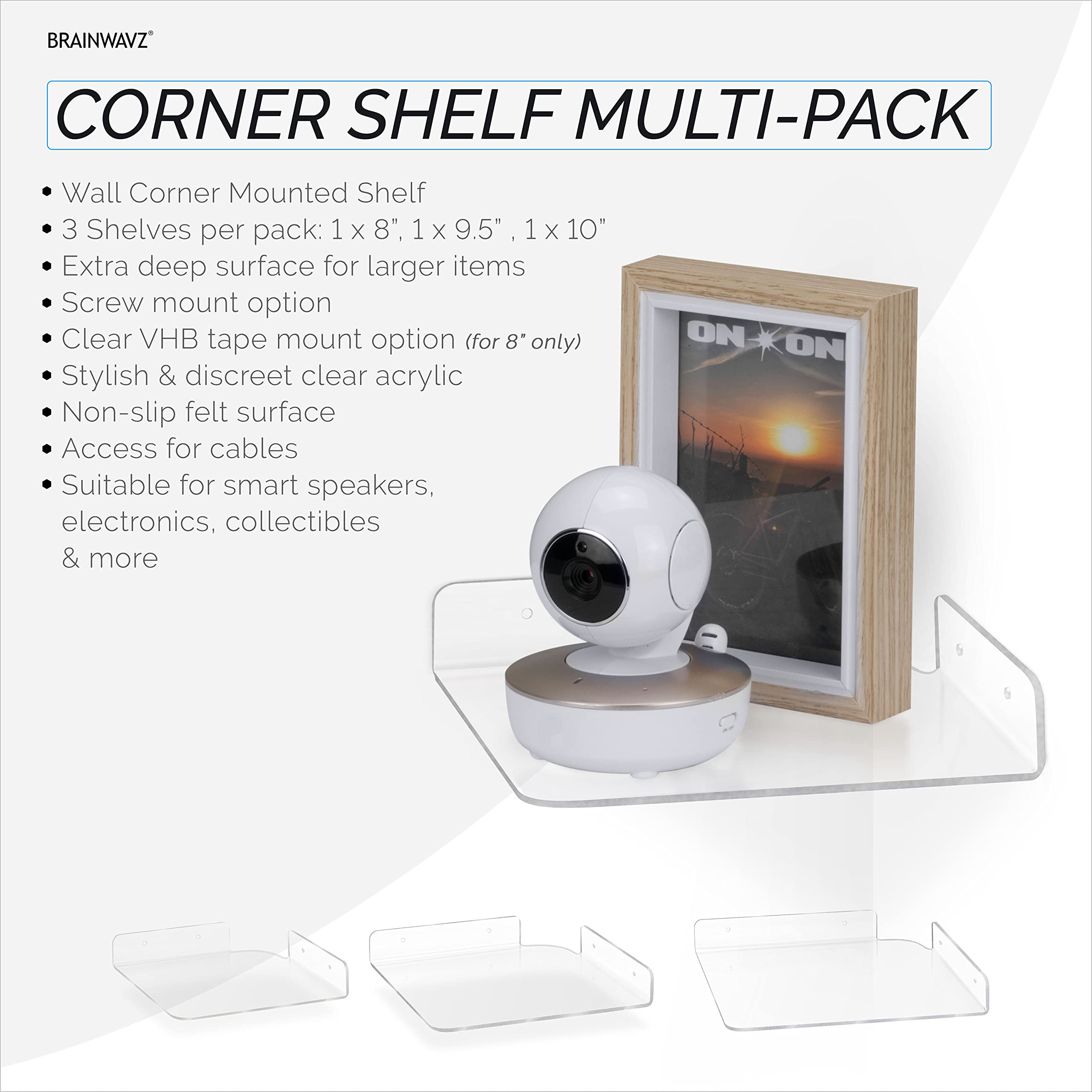 BRAINWAVZ 3-Pack Clear Acrylic Corner Wall Shelves (8”, 9.5”, 10”) - Universal Small Holder for Speakers, Books, Decor, Plants, Cameras, Photos | Perfect for Kitchen, Bathroom, Living Room & Office Organization
