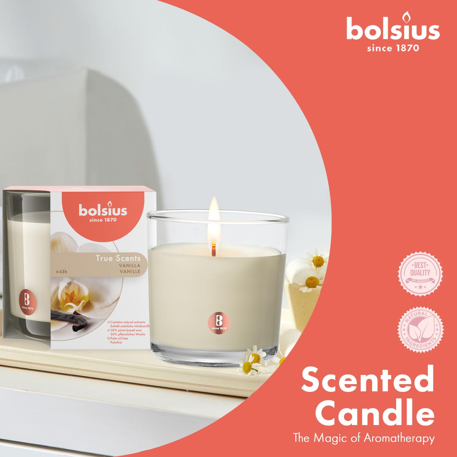 Bolsius Premium Vanilla Scented Candle - 8oz Large Jar, 43+ Hours Long-Lasting Burn Time, Natural Plant-Based Wax, Smokeless Clean Burning - Aromatherapy Home Decor for Living Room, Bedroom & Bathroom Relaxation