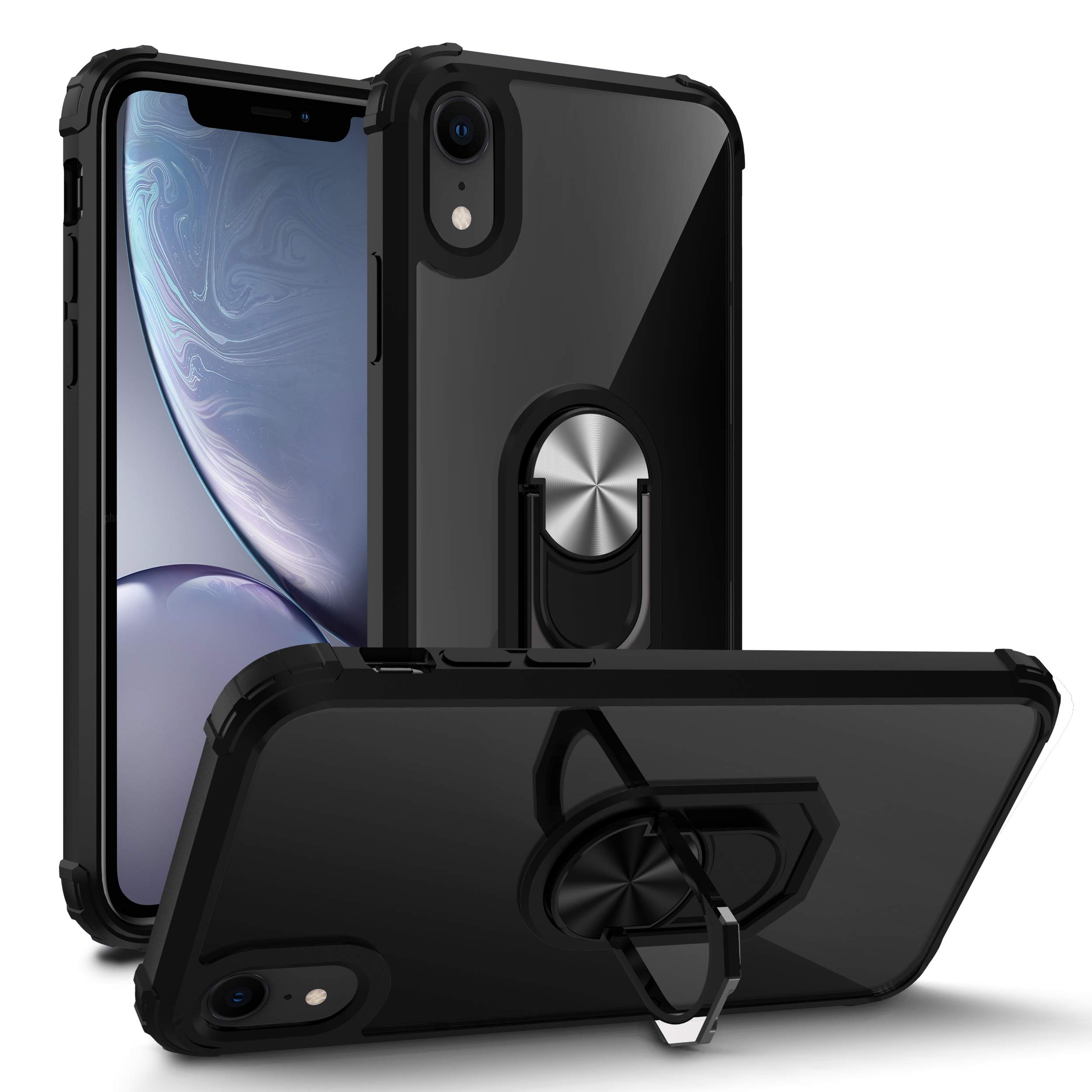 Shockproof Clear Phone Case with Kickstand for iPhone XR - 12ft Drop Tested, Anti-Slip Grip, Black Ring Cover | Perfect for Outdoor Activities, Work & Travel (6.1-inch)