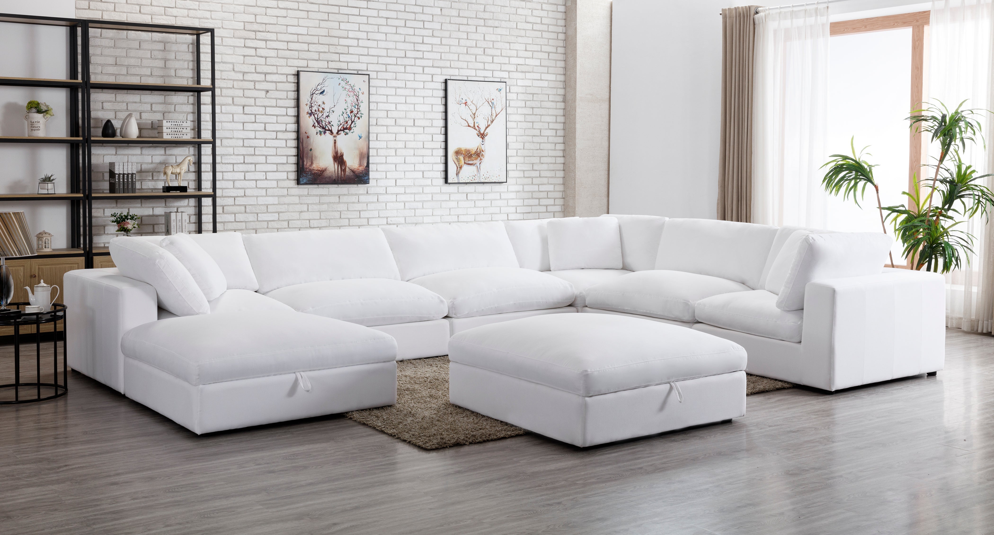Rivas Contemporary Feather Fill 8-Piece Modular Sectional Sofa with 2 Ottomans in White | Modern L-Shaped Living Room Furniture for Home Theater & Family Gatherings