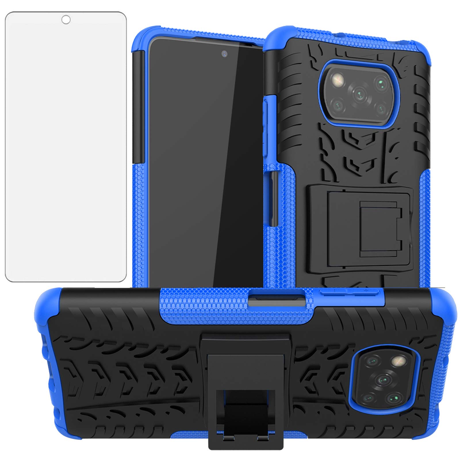 **Shockproof Rugged Phone Case for Xiaomi Poco X3/Poco X3 NFC with Tempered Glass Screen Protector & Kickstand – Durable Hybrid Protective Cover for Men (Black/Blue) – Perfect for Outdoor, Work & Travel**