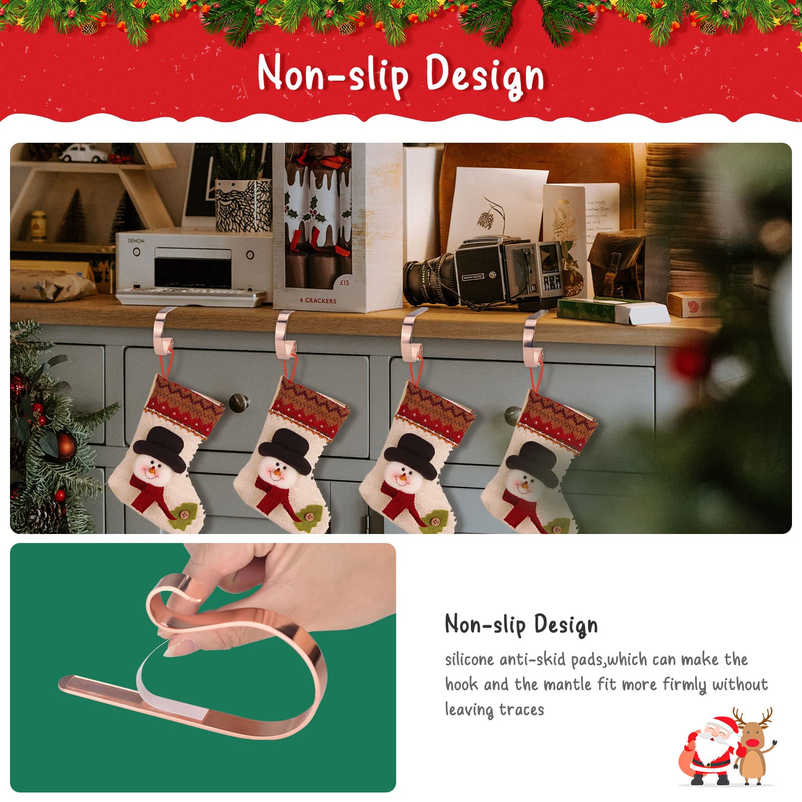 4-Pack Christmas Stocking Holders for Mantel - Rustic Metal Hooks with Non-Slip Stickers | Holiday Fireplace Decor, Xmas Home Decoration, Perfect for Stocking Stuffers & Gift Display