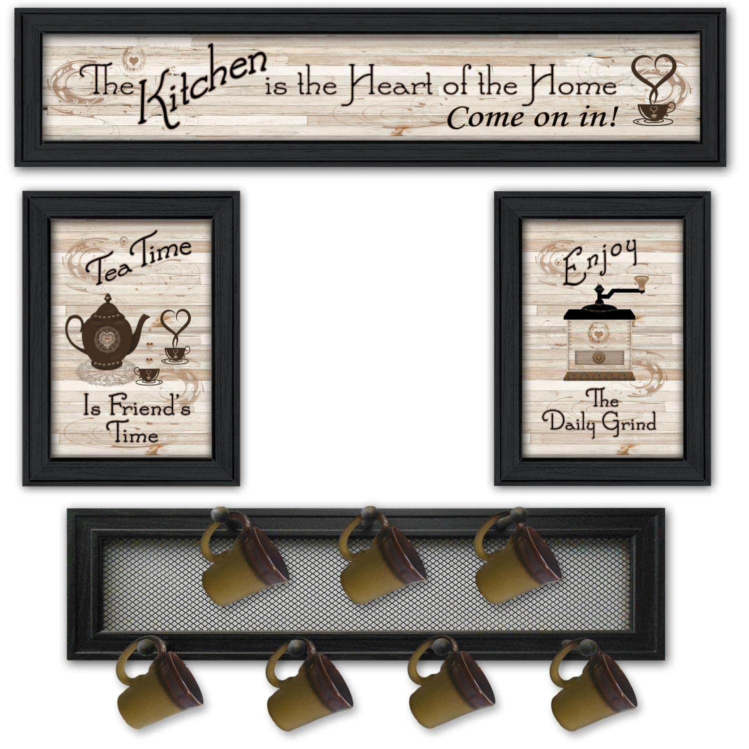 4-Piece Kitchen Collection IV Vignette Set with 7-Peg Mug Rack - Black Frame by Millwork Engineering | Perfect for Coffee Mug Storage & Kitchen Organization