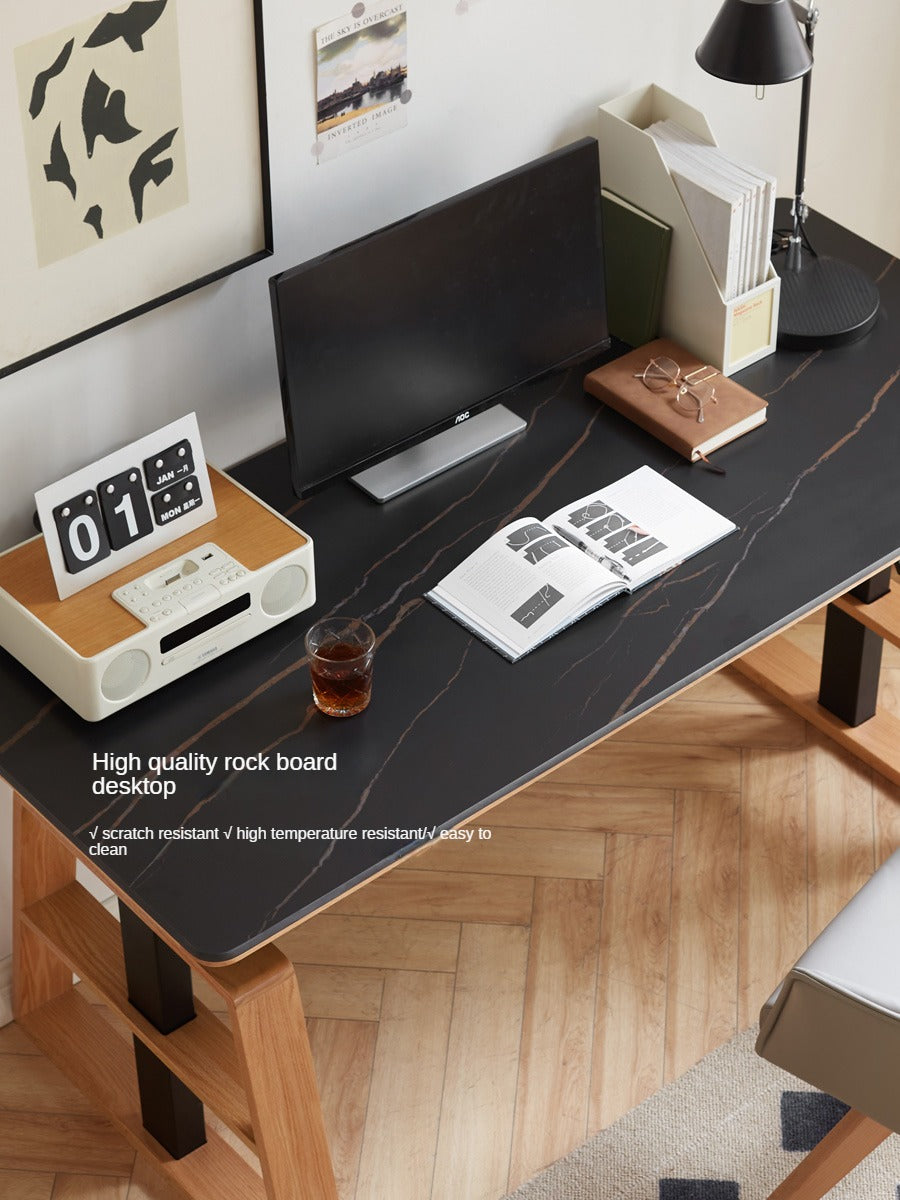 Premium Oak Solid Wood Standing Desk with Natural Rock Slab Top - Ergonomic Adjustable Height Home Office Desk for Work & Study
