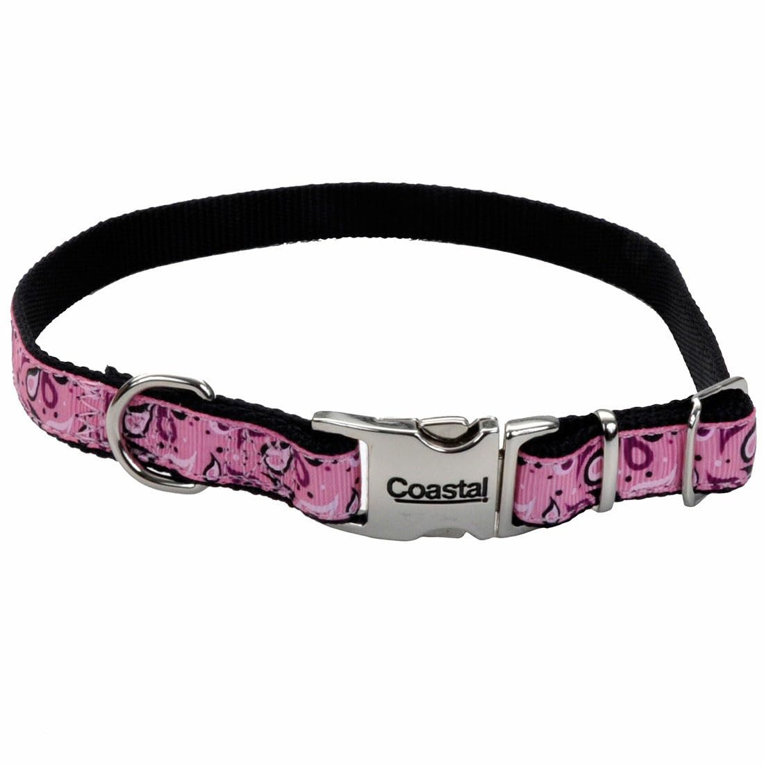 Adjustable Dog Collar with Metal Buckle - Pink Paisley Pattern 5/8