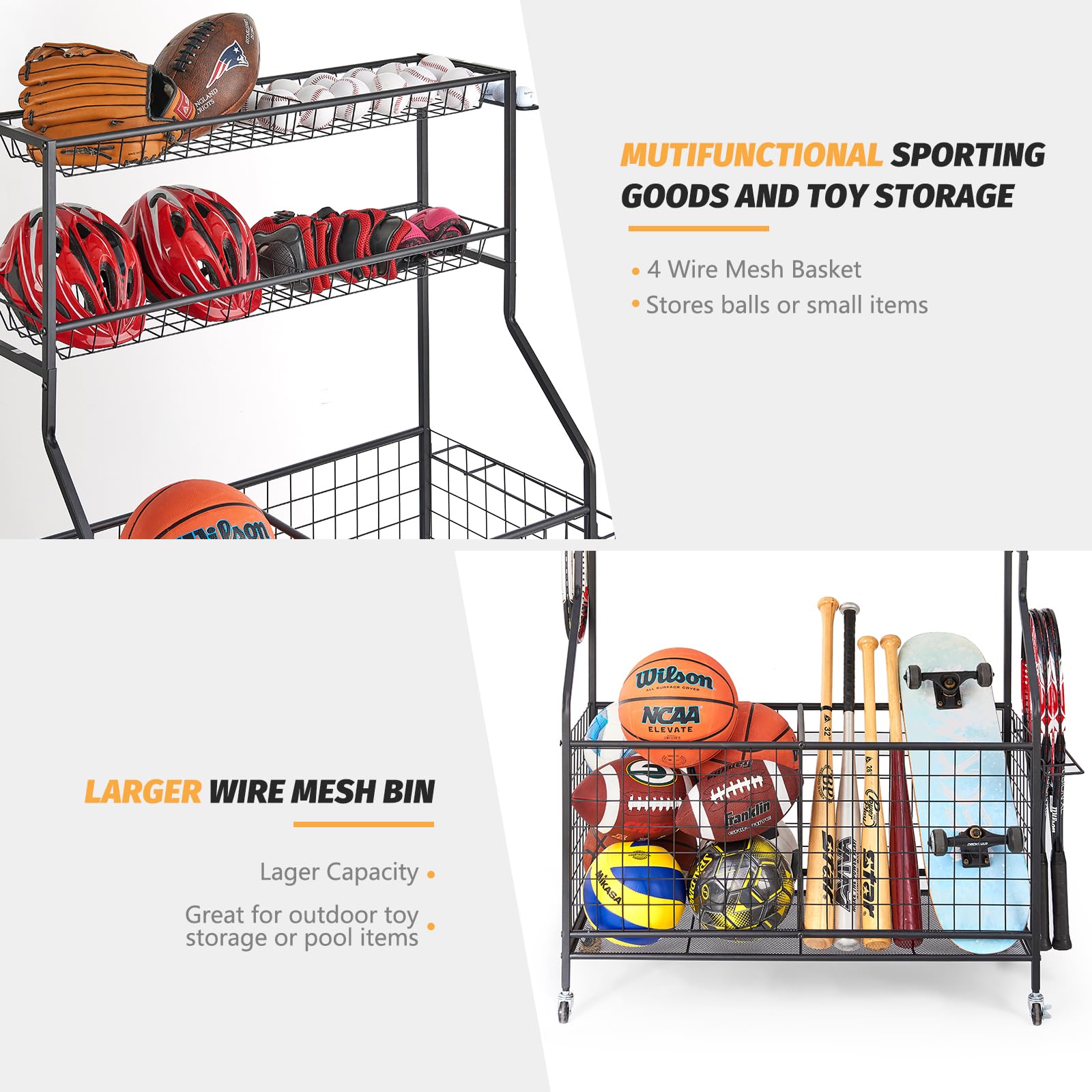 TNINE Sports Equipment Storage Cart - Rolling Garage Organizer for Basketballs, Baseball Bats, Footballs & Tennis Rackets | Indoor & Outdoor Toy Organizer with Wheels | Perfect for Garage, Playroom & Backyard Sports Gear Storage