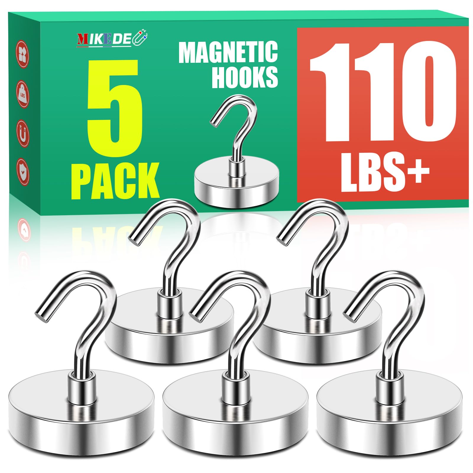 MIKEDE 5 Pack Magnetic Hooks - 110lbs Heavy Duty Hanging Hooks with Strong Neodymium Magnets for Cruise Cabins, Refrigerator, Kitchen, Grill & Industrial Use | Perfect for Organizing Tools, Hanging Utensils & Maximizing Space