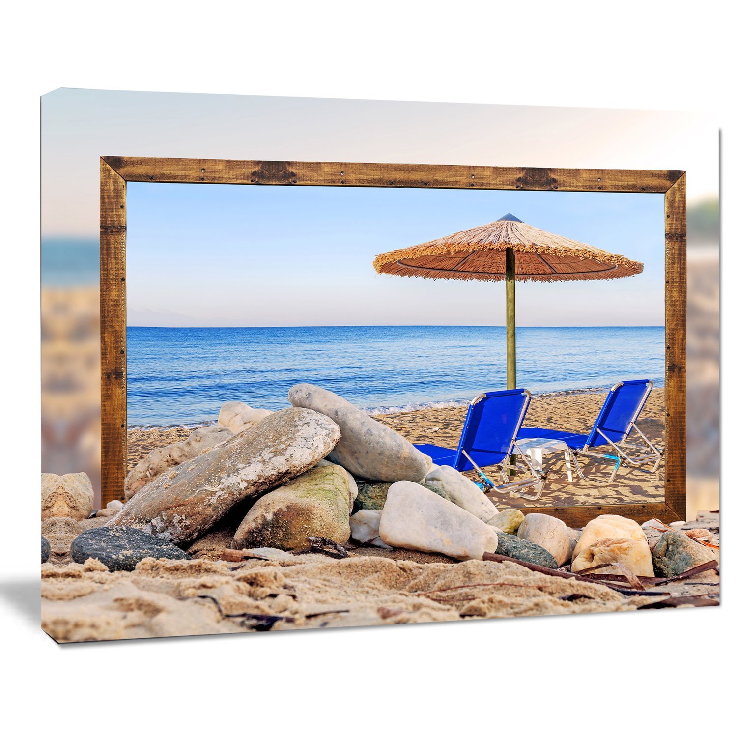 Framed Beach Canvas Art Print - Scenic Seashore with Chairs & Umbrella - Perfect for Living Room, Bedroom & Coastal Decor