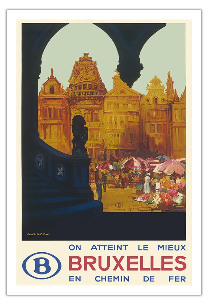 Vintage Brussels Belgium Travel Poster by Frank H. Mason c.1930 - Grand Place Railway Scene - Fine Art Matte Paper Print Unframed 30x44 in - Perfect for Home Decor, Office Wall Art & Travel Enthusiast Gifts
