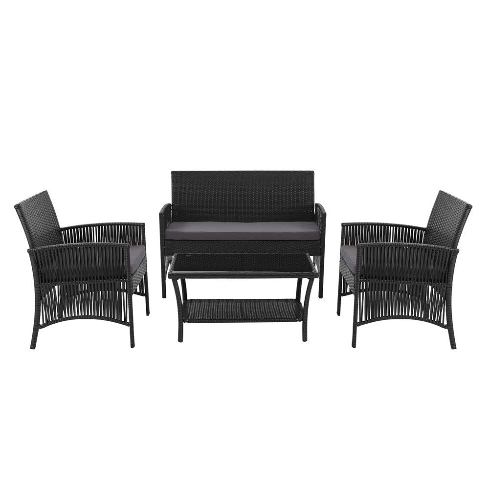 Gardeon 4-Piece Outdoor Patio Furniture Set - All-Weather Wicker Lounge & Dining Chairs with Table - Black Rattan Sofa Set for Garden, Poolside, Backyard & Balcony