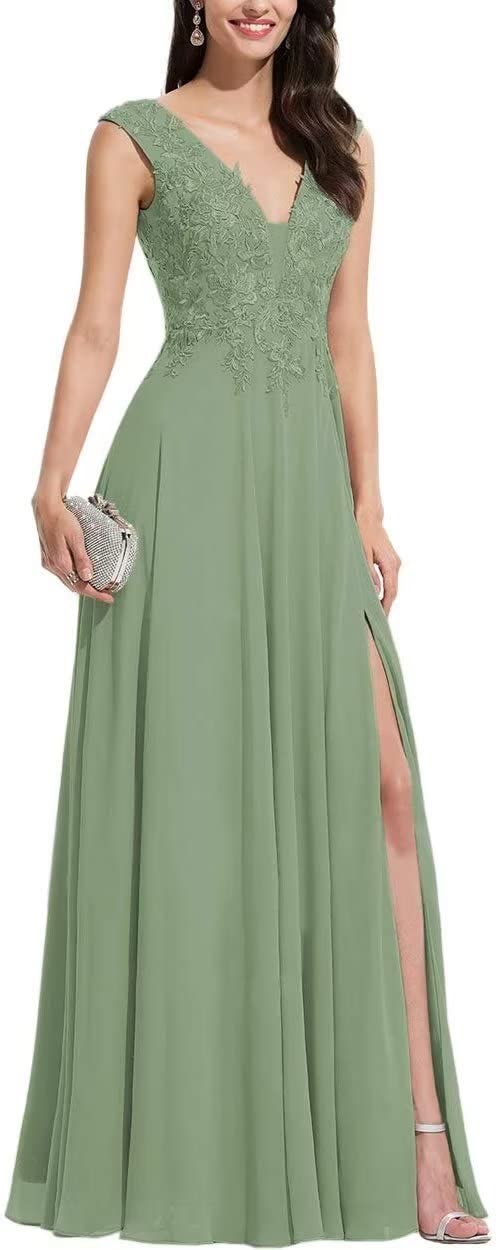 Elegant S Marlene Women's Prom Dress - Lace Applique V-Neck Chiffon Formal Evening Gown with Thigh High Slit in Sage Green (Size 10) | Perfect for Weddings, Bridesmaids, Homecoming & Special Occasions