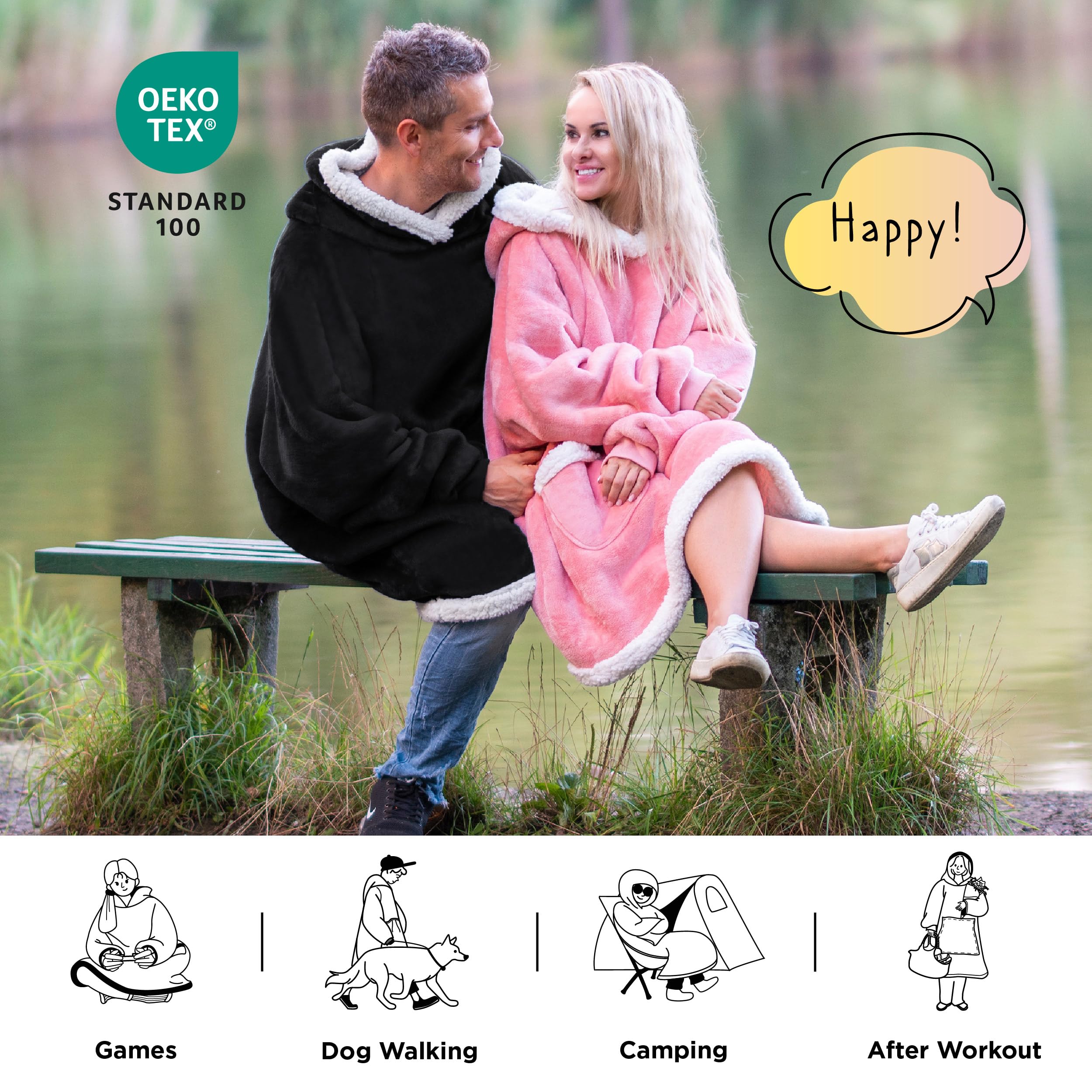 Bedsure Wearable Blanket Hoodie for Adults & Kids - Soft Fleece Sherpa Hooded Blanket, Perfect Birthday Gift for Women, Men, Mom - Ideal for Cozy Nights, Movie Time & Relaxing at Home - Black, Small