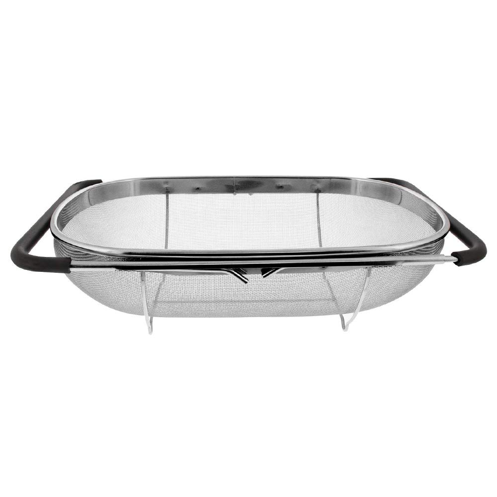 Makerstep Expandable Over-the-Sink Colander Strainer Basket - Stainless Steel with Rubber Grip, Fine Mesh Design for Effortless Draining, Perfect for Washing Fruits, Vegetables, and Pasta in Your Kitchen