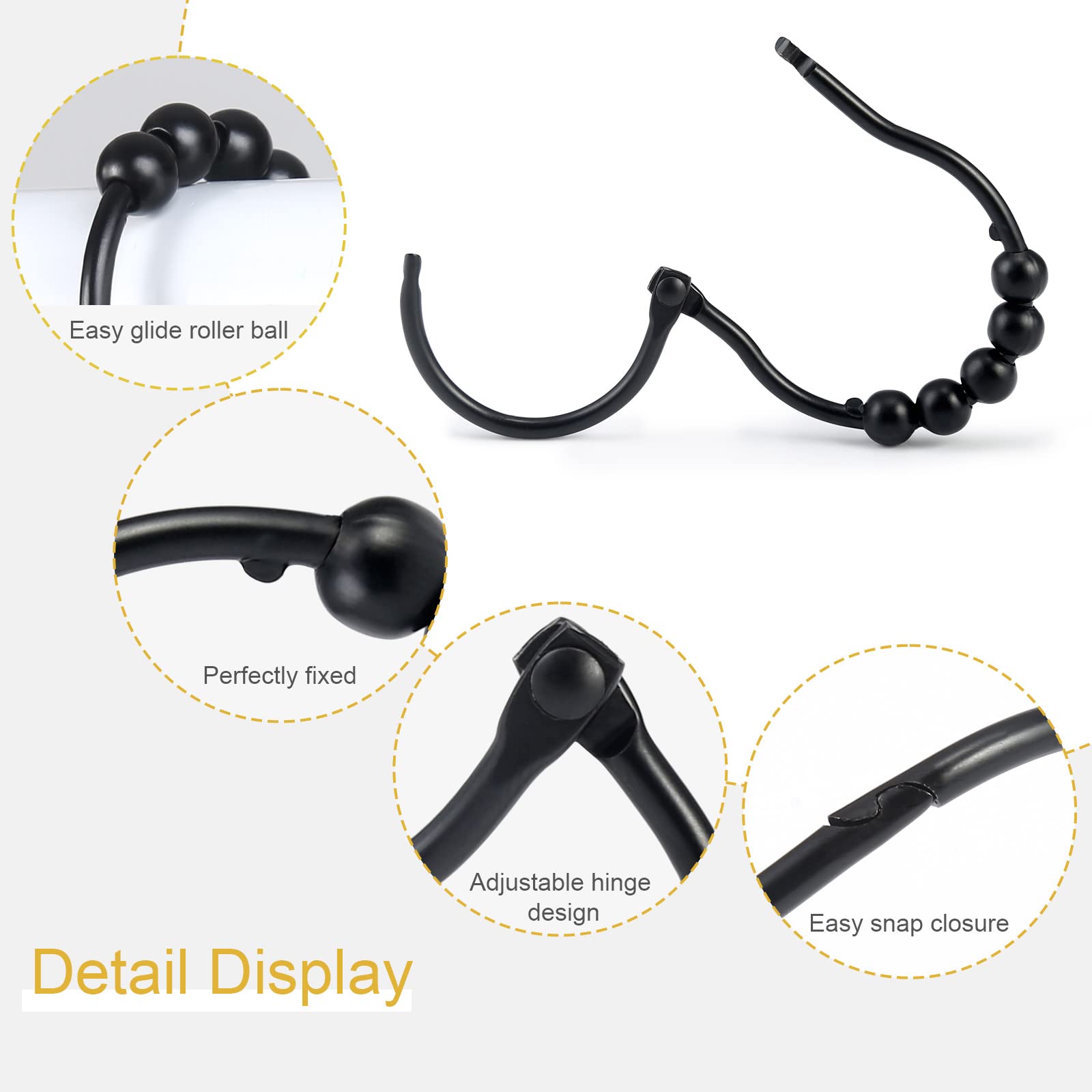 SUTINE 12PCS Stainless Steel Shower Curtain Hooks with Snap Closure - Rustproof Matte Black Roller Glide Rings for Bathroom, Shower Rod & Curtain - Perfect for Home, Hotel, and Apartment Bathroom Decor