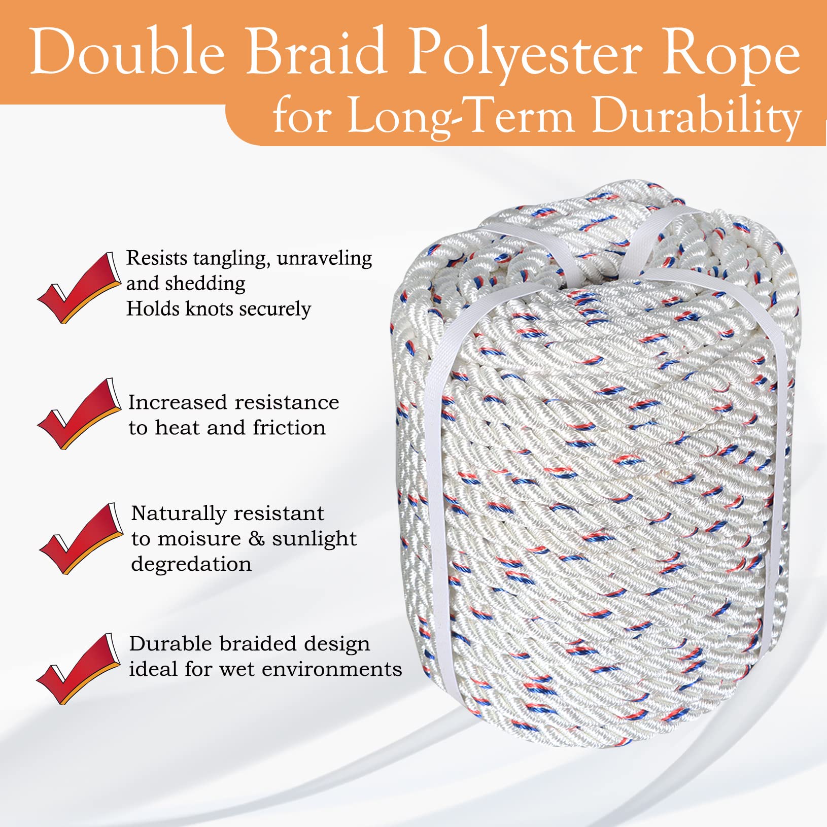 LABLT 5/8 Inch Double Braided Polyester Rope - 150ft High Strength Arborist Bull Rope for Tree Climbing, Rigging, Camping & Swings | Lightweight & Heavy Duty | White, Red, Blue Options | Perfect for Outdoor Adventures, DIY Projects & Emergency Use