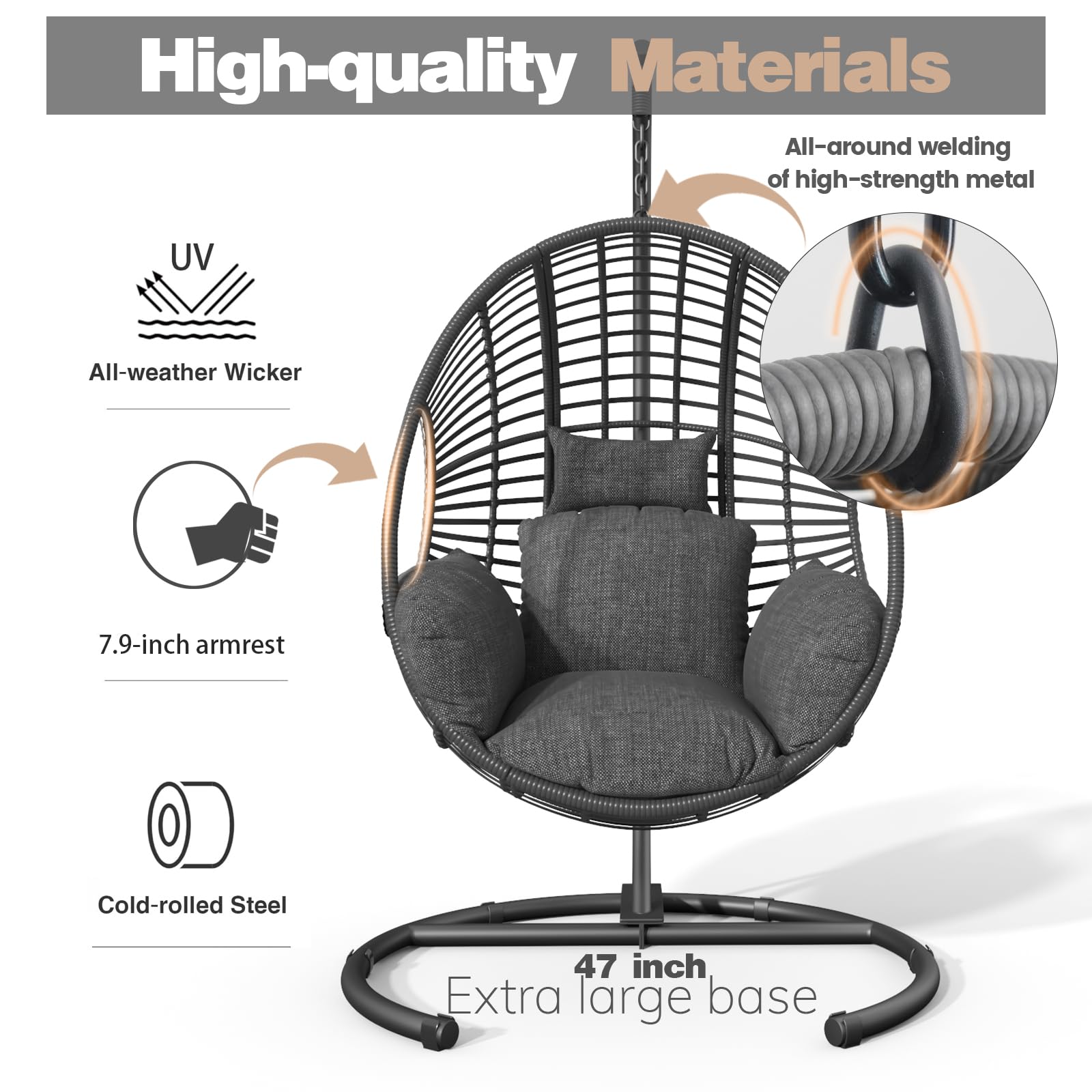 Oversized Hanging Egg Chair - Outdoor Wicker Swing Chair with Stand, Rain Cover & UV-Resistant Cushion (400lbs Capacity) - Perfect for Patio, Garden, Balcony, Backyard Relaxation & Boho Decor
