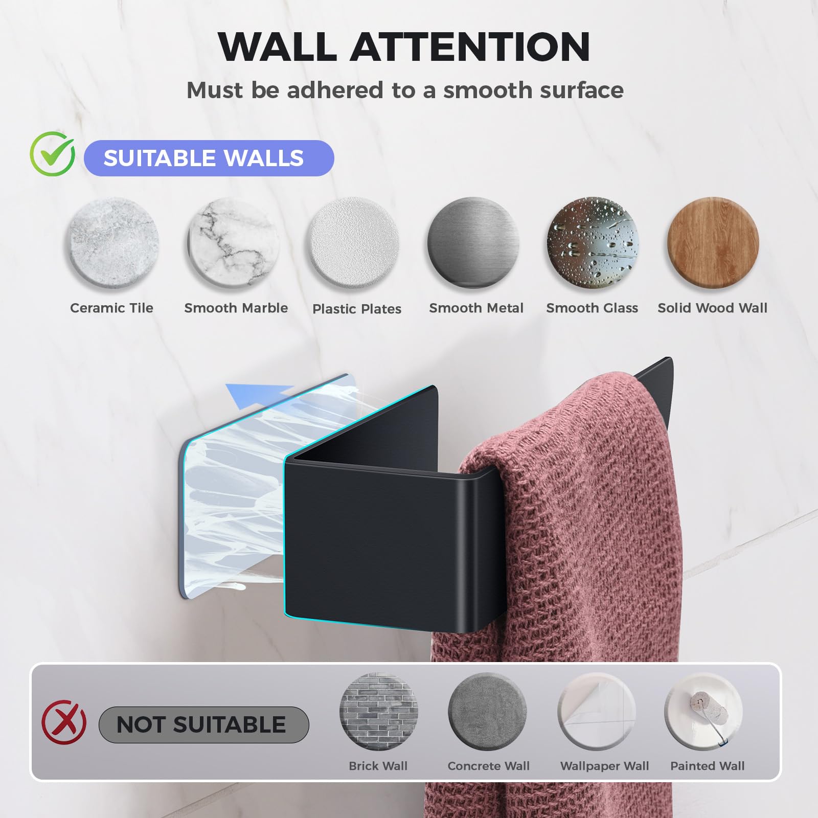 BOTEMY 8 Inch Self Adhesive Wall Mount Towel Holder - No Drill 304 Stainless Steel Bathroom Towel Rack with Heavy Duty Sticky Backing, Brushed Black Finish (1 Pack) - Perfect for Small Bathrooms, Kitchens, RVs and Apartments