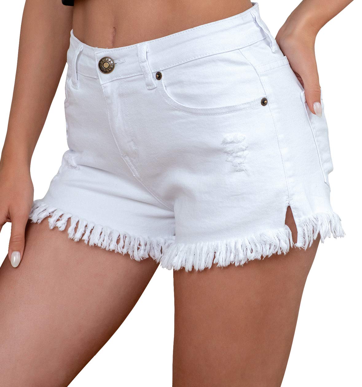 IWOLLENCE Women's Stretchy Denim Shorts - Frayed Hem Distressed Mid Rise Jean Shorts with Pockets | Casual Summer Wear for Beach, Shopping & Outdoor Activities