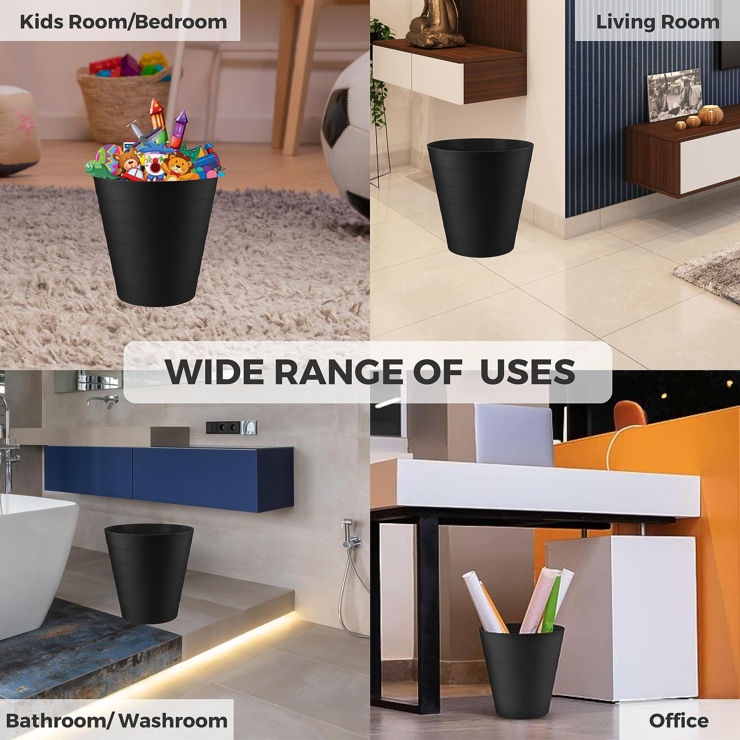 Homeshopa 6L Round Plastic Waste Paper Bin - Lightweight Trash Can for Kitchen, Bedroom, Bathroom & Outdoor - Open-Top Design Garbage Container Dustbin (Black) | Perfect for Home, Office & Commercial Spaces
