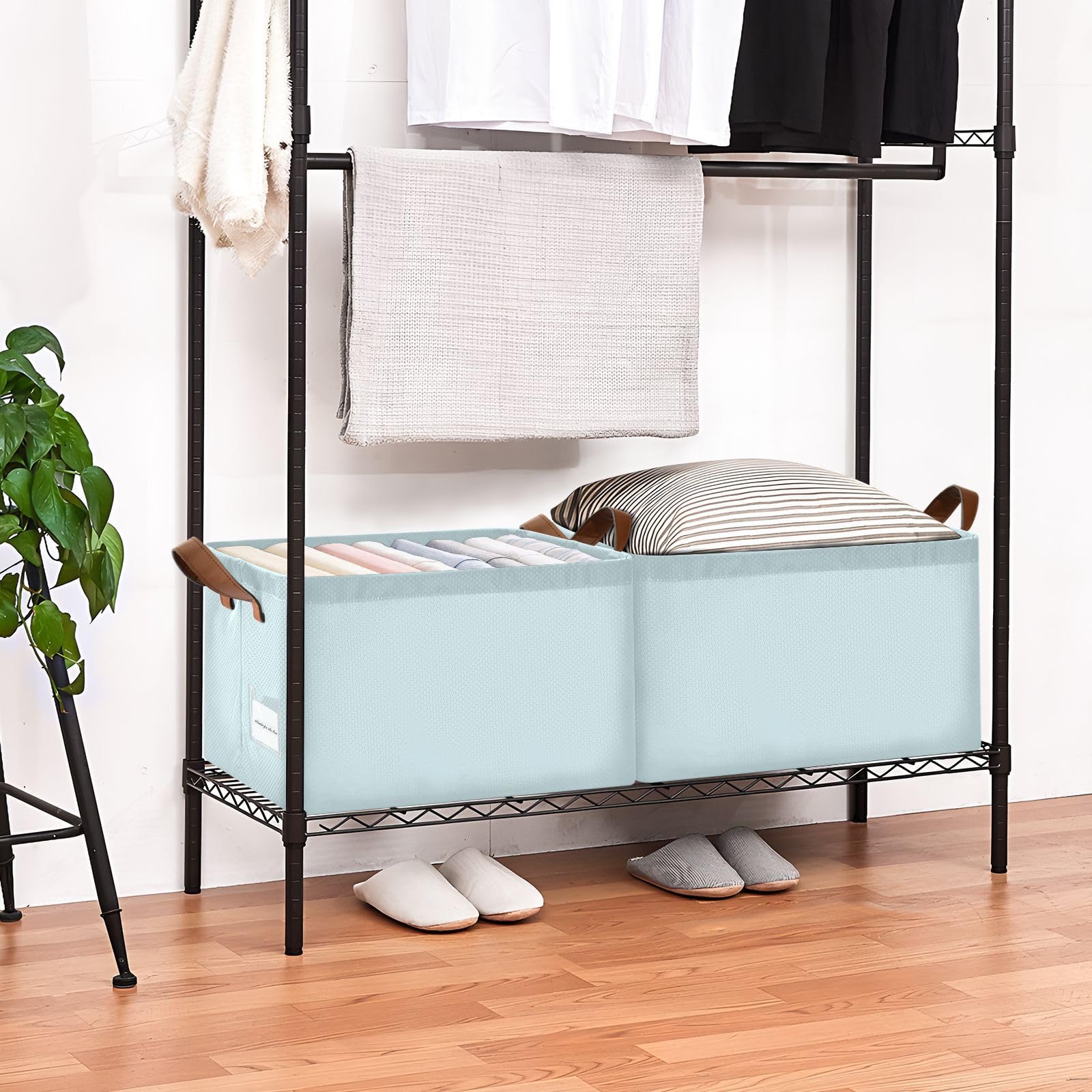 ODAWA Pale Blue Clothes Storage Bins with Sturdy Metal Frame & Handles - Foldable Laundry Basket for Nursery, Bedroom & Closet Organization | Perfect for Baby Clothes, Toys & Home Storage