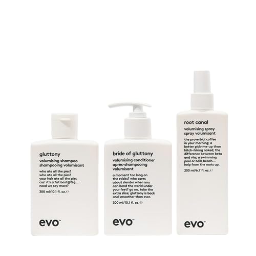 Evo Volumizing Hair Care Routine Bundle - Gluttony Volumizing Shampoo, Bride of Gluttony Volumizing Conditioner & Root Canal Volumizing Spray for Thicker, Fuller Hair - Perfect for Fine, Flat Hair & Volume Boost Styling