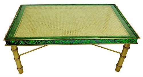 MY SWANKY HOME Malachite Emerald Green Gold Long Coffee Table - Art Deco Bamboo Vintage Style Mid-Century Modern Living Room Centerpiece for Home Decor