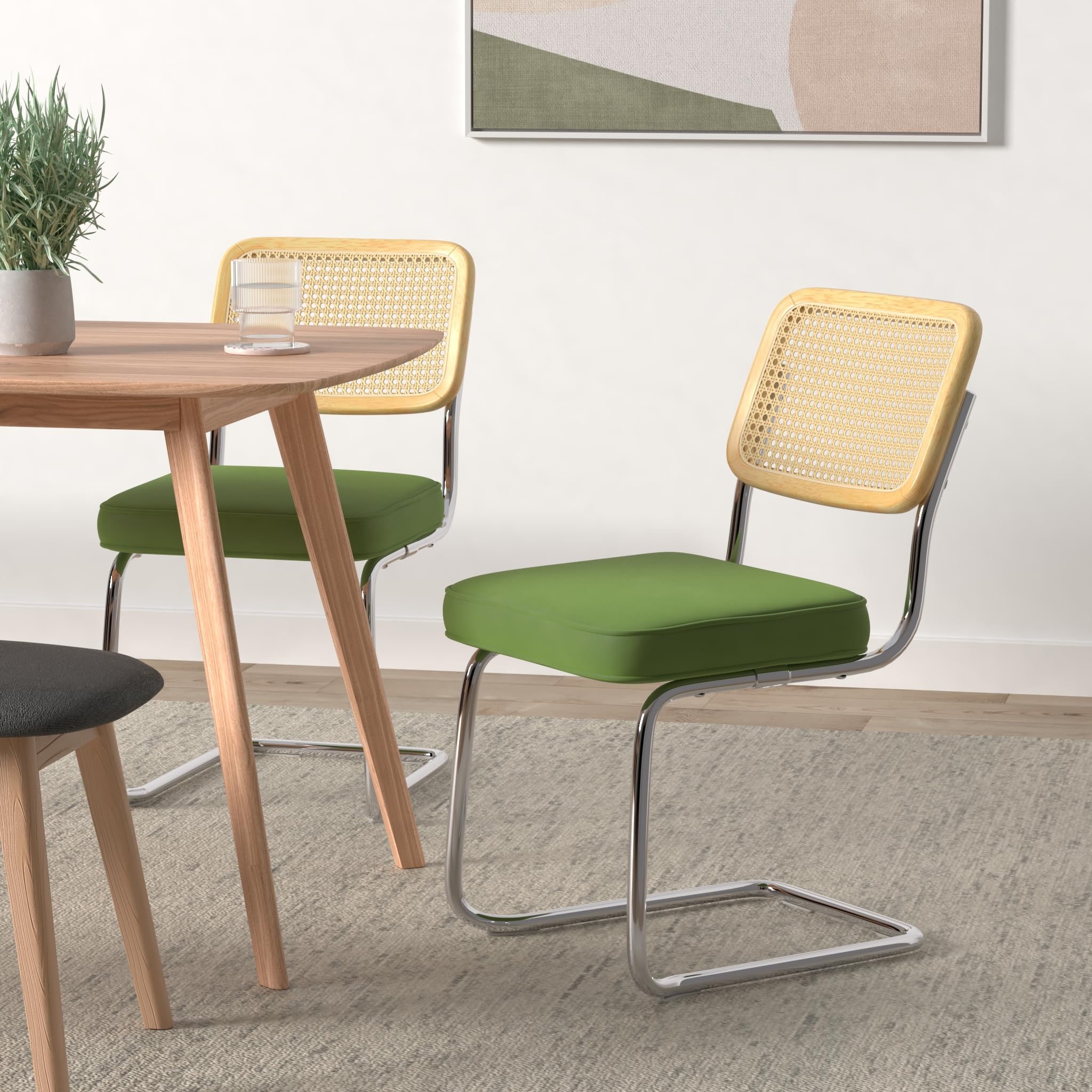 VEVOR Set of 4 Mid Century Modern Rattan Dining Chairs - Velvet Upholstered Accent Chairs with Woven Back - 18.1 Inch Retro Kitchen & Dining Room Chairs for Living Room, Bedroom, Patio & Outdoor Entertaining