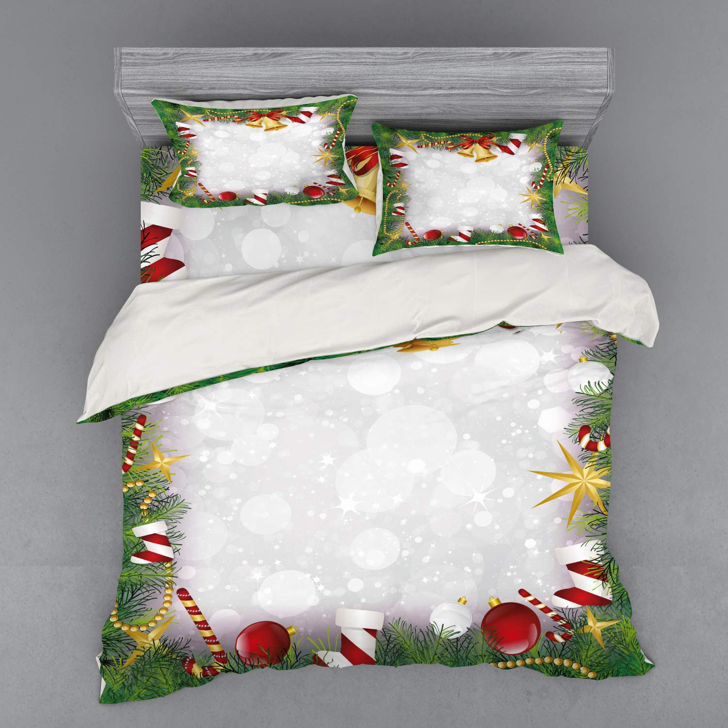 Ambesonne Christmas Duvet Cover Set - Xmas Eve Carol Theme with Pine Spikes, Candy, Jingle Bells & Ribbon Design | 4-Piece King Size Bedding Set with Shams & Fitted Sheet | Perfect for Holiday Decor & Cozy Winter Nights