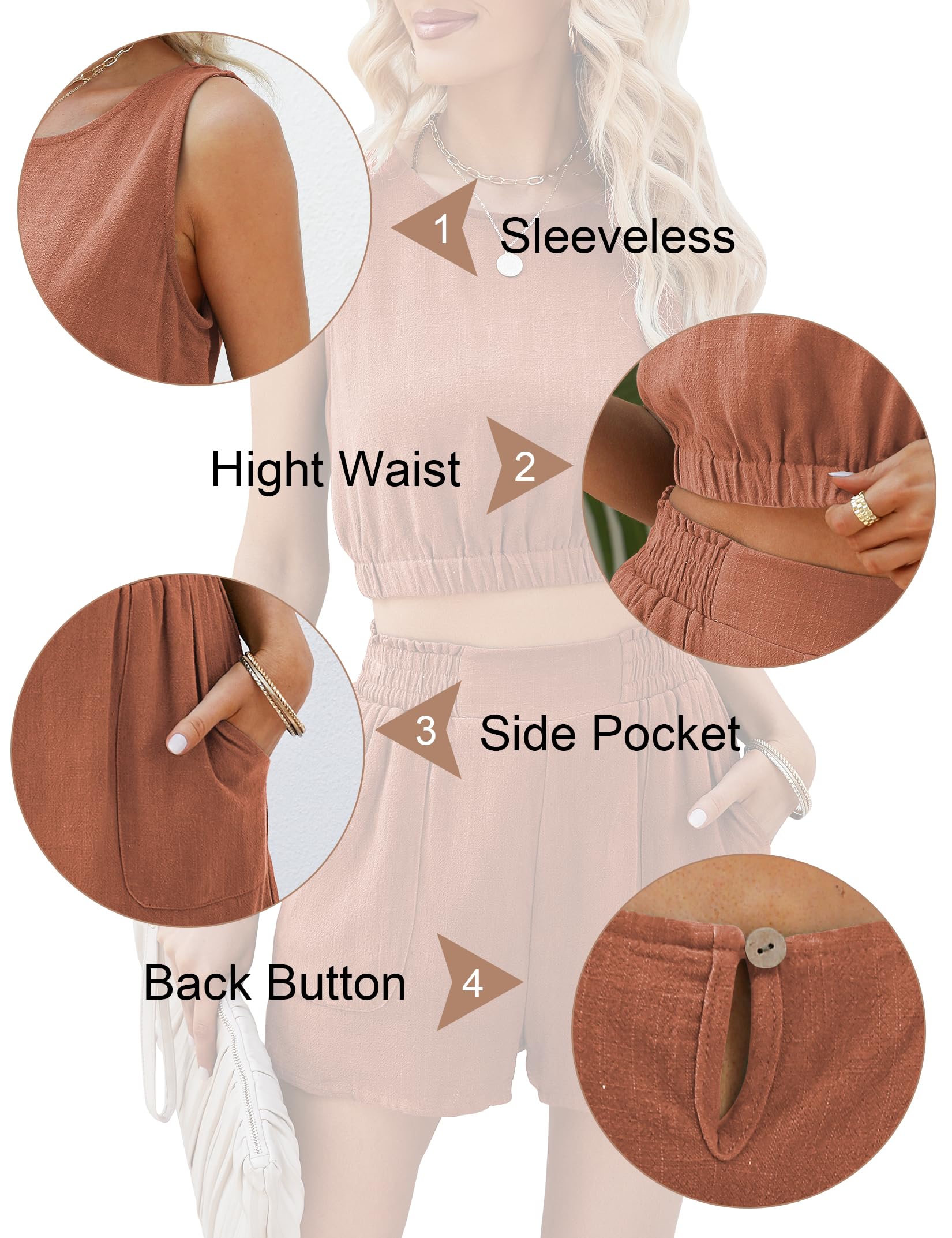 Women's 2-Piece Linen Summer Outfit - Sleeveless Crop Top & High Waist Shorts Lounge Set | Casual Wear, Beach Vacation, Yoga & Home Relaxation