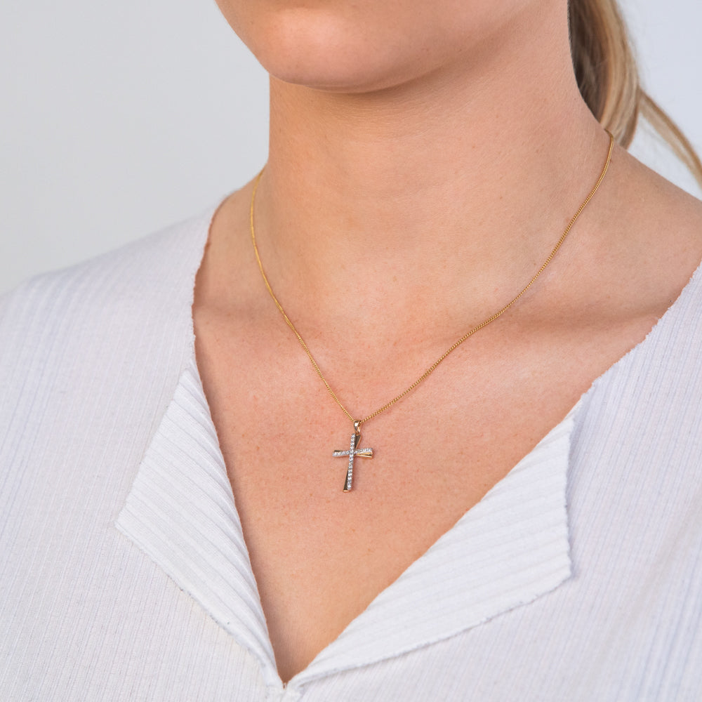 9ct Yellow and White Gold 1/5 Carat Diamond Cross Pendant Necklace - Elegant Religious Jewelry for Women, Perfect for Baptism, Confirmation & Everyday Wear