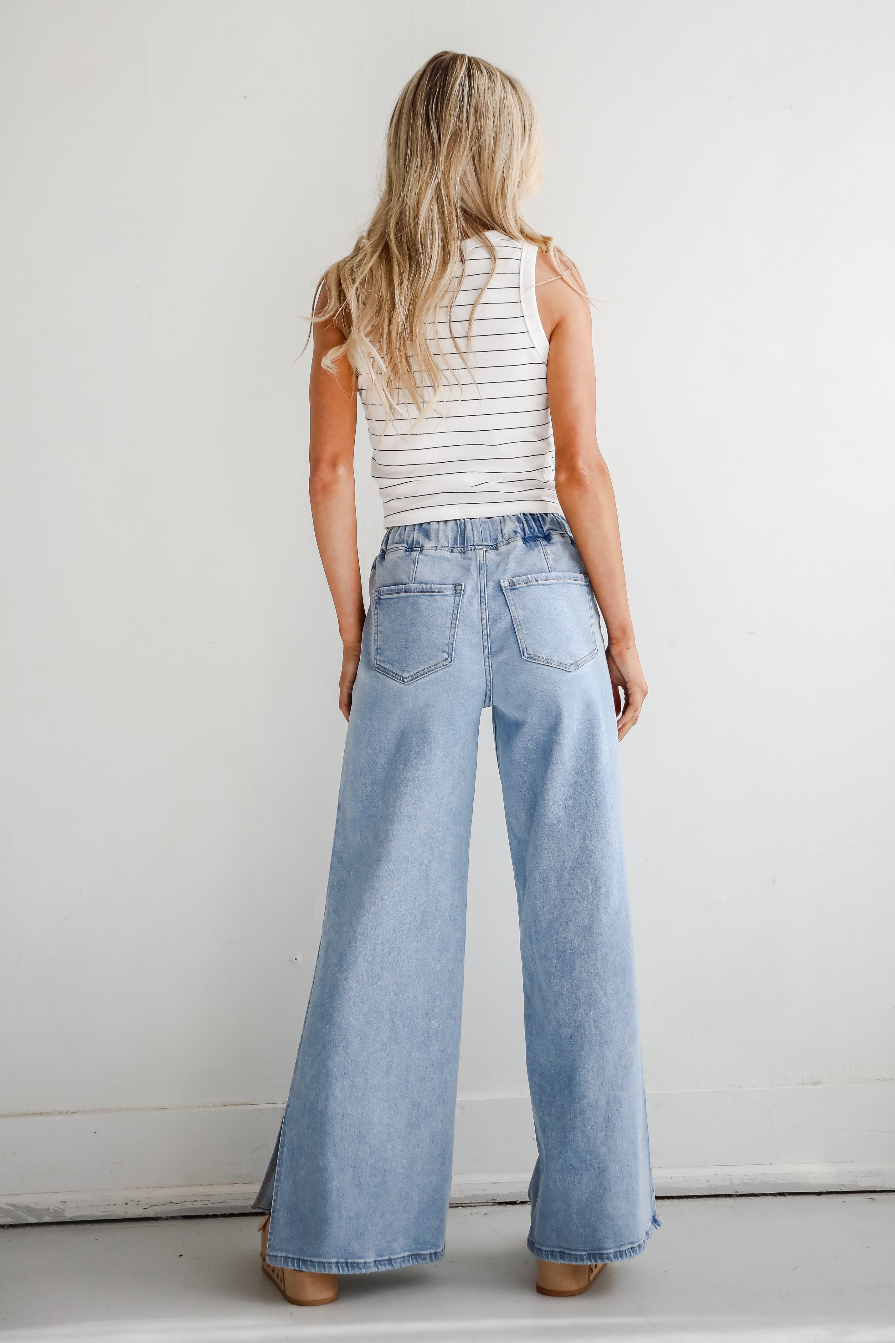 Carla Light Wash High Rise Drawstring Waist Wide Leg Jeans for Women - Comfortable Stretch Denim Pants for Casual Wear & Everyday Outfits