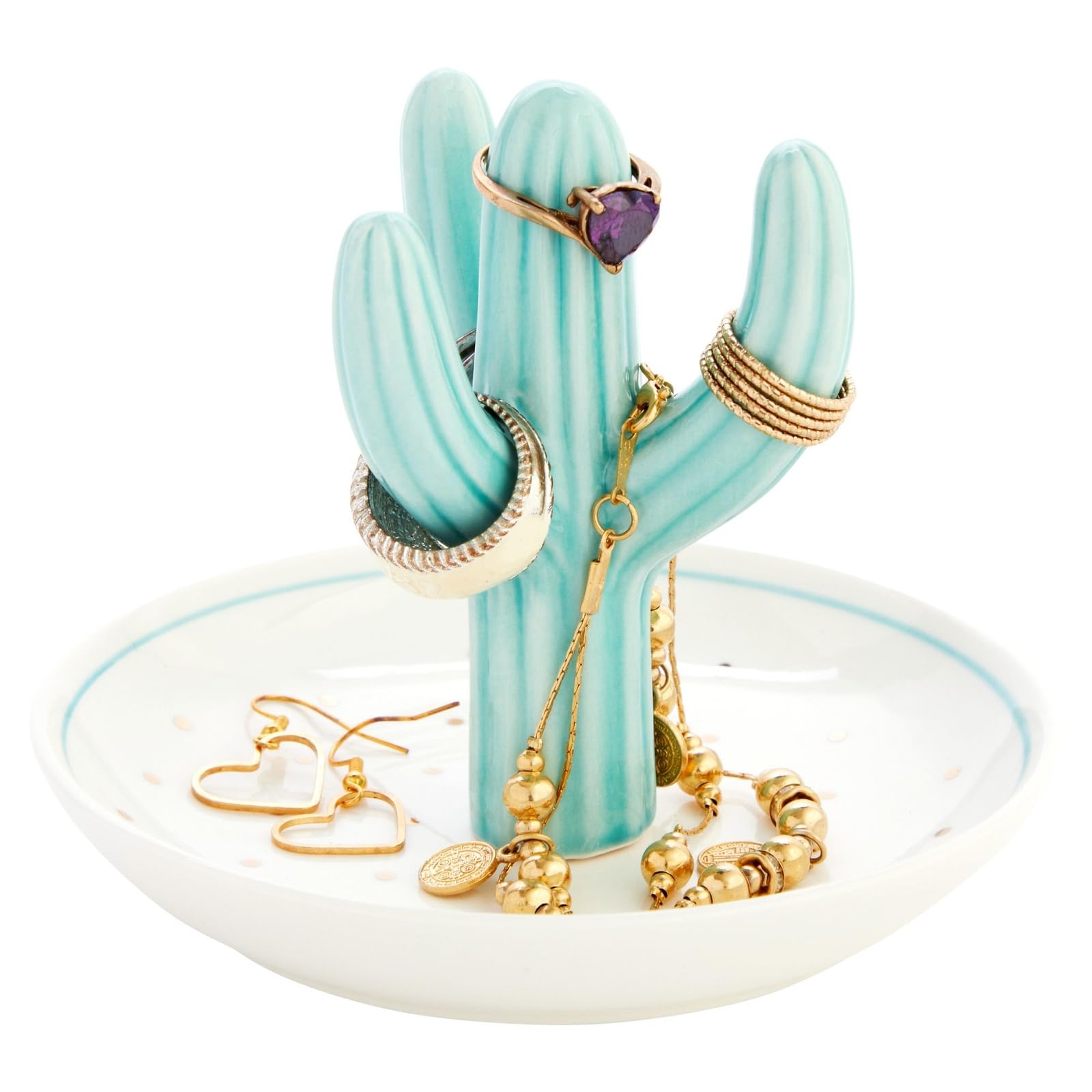 Okuna Outpost Cactus Ring Holder & Jewelry Organizer Dish - Western Home Decor, Modern Cactus Decor for Bedroom, Bathroom, or Dresser (Teal/White with Gold Foil Polka Dots, 5x4 inches) - Perfect for Organizing Rings, Earrings, and Small Jewelry