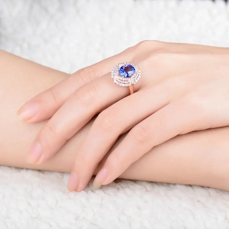 18K Rose Gold Blue Tanzanite & Diamond Ring for Women - Elegant Anniversary Jewelry Gift for Wife, Engagement, Wedding, Valentine's Day & Special Occasions