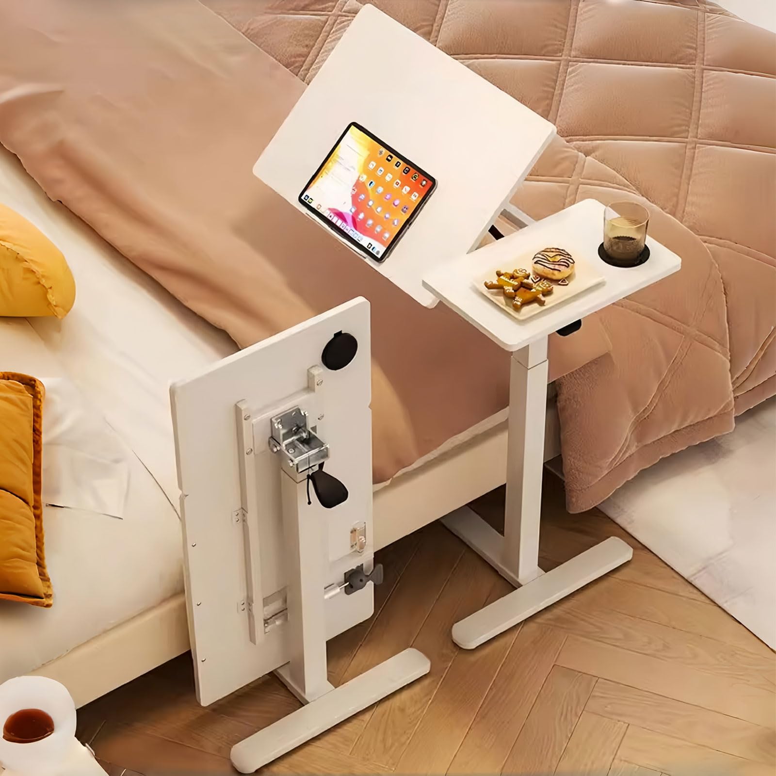 Adjustable Overbed Table with Hidden Wheels & Tilting Desktop - Pneumatic Height Adjustable Mobile Standing Desk with Cup Holder for Hospital, Home, or Office Use - Perfect for Eating, Working, or Reading in Bed