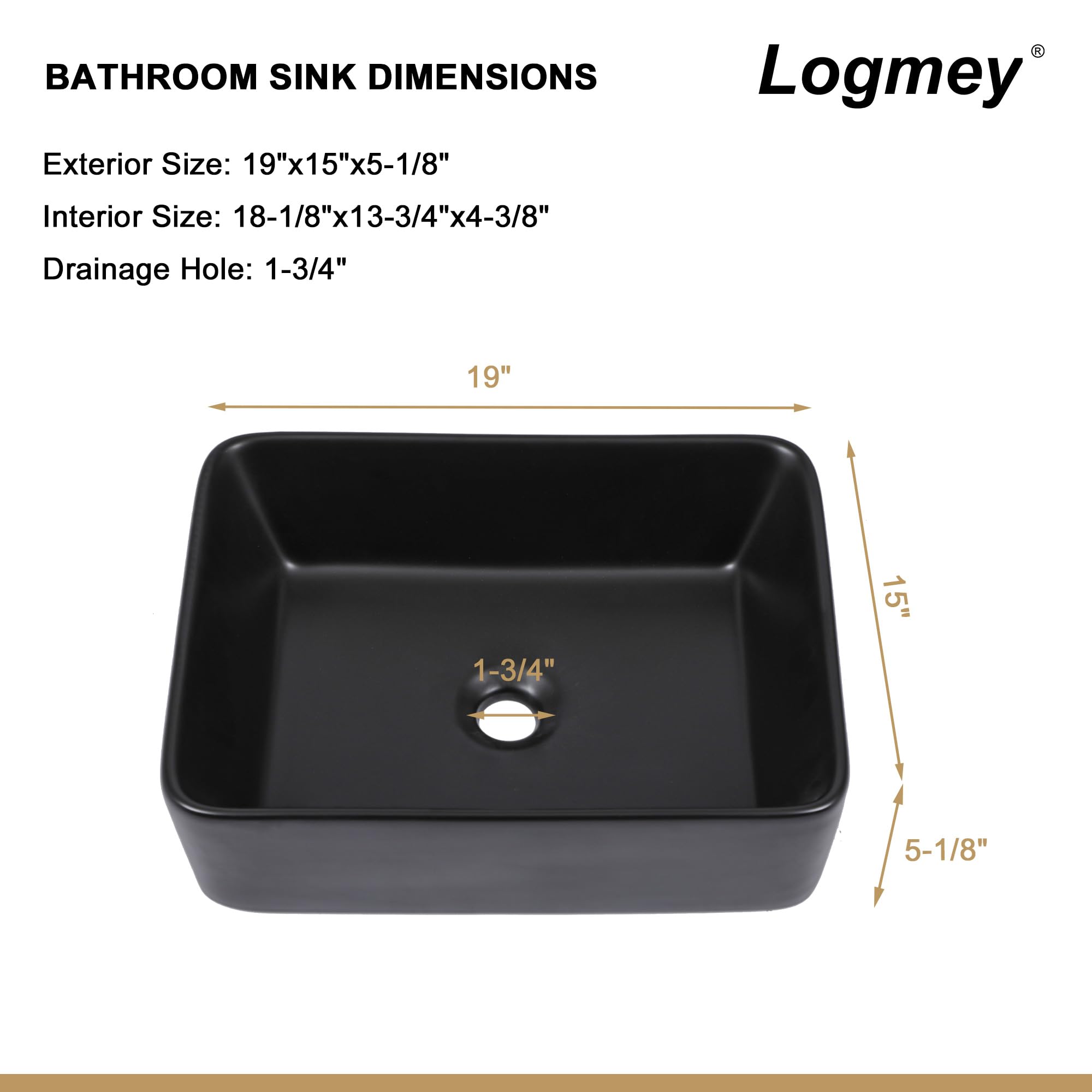 Logmey 19 Inch Black Porcelain Vessel Sink - Modern Rectangular Bathroom Vanity Sink 19x15 Inch, Above Counter Ceramic Art Basin for Contemporary Bathrooms | Perfect for Master Bath, Powder Room & Spa Retreats